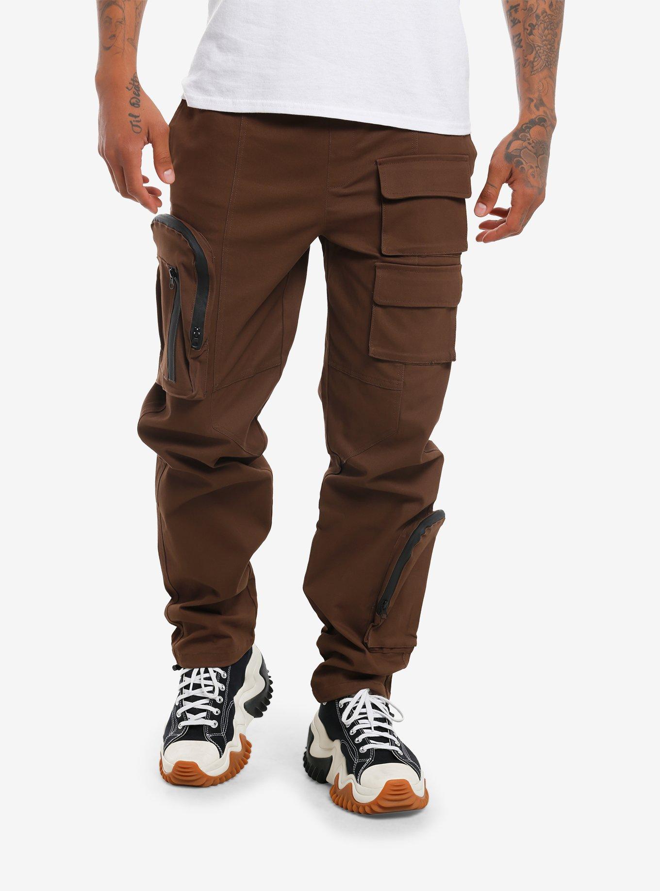 Brown Cargo Zipper Pocket Pants, , hi-res