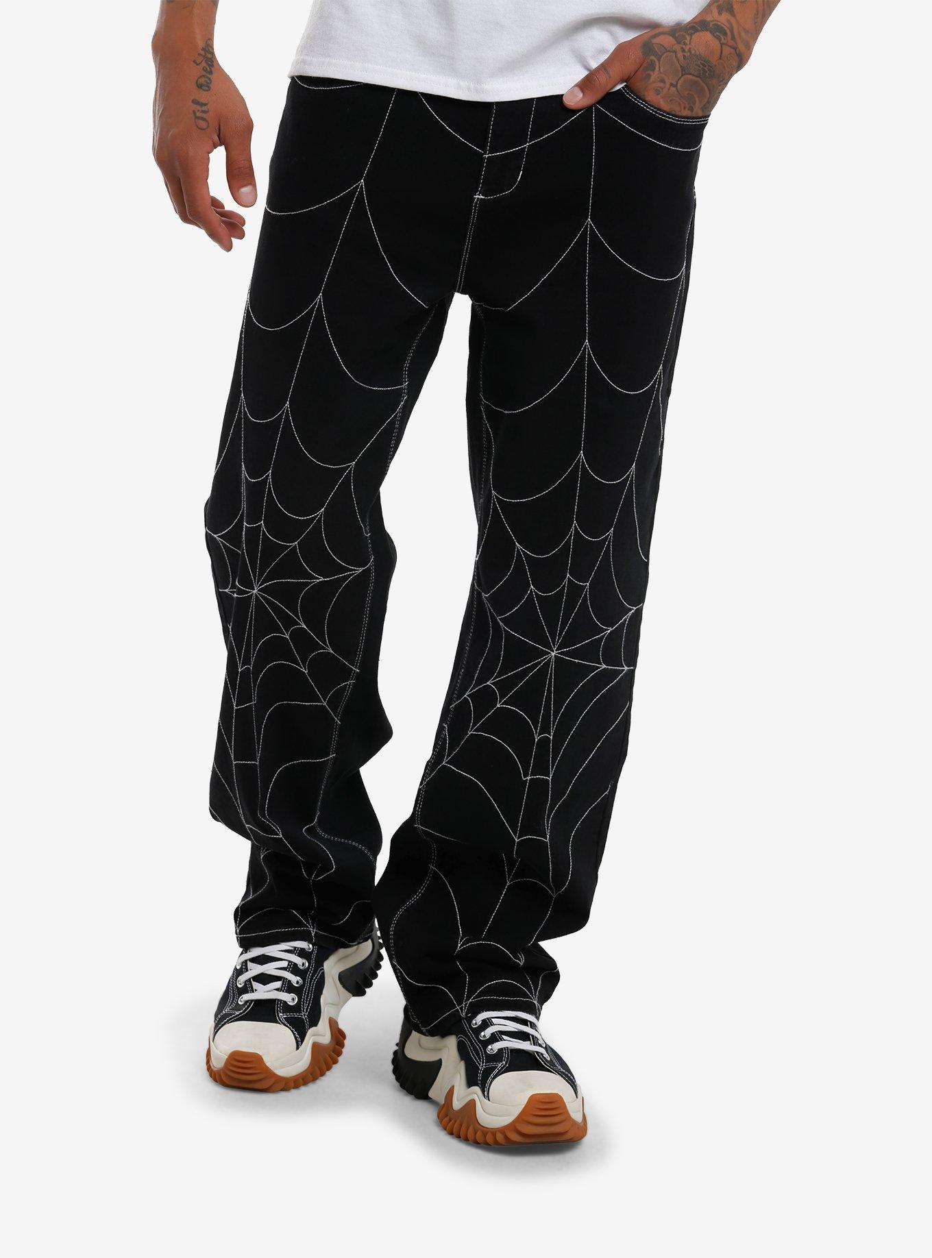 Black & White Spiderweb Embroidered Denim Pants, , hi-res