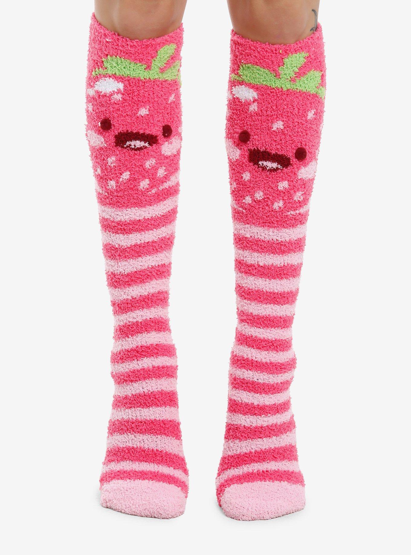 Strawberry Pink Stripe Knee-High Fuzzy Socks, , hi-res