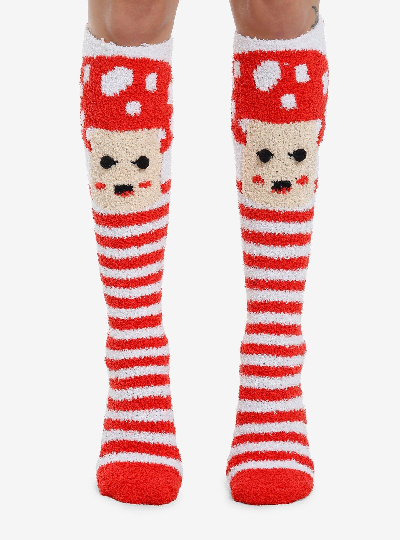 Mushroom Red & White Stripe Knee-High Fuzzy Socks, , hi-res