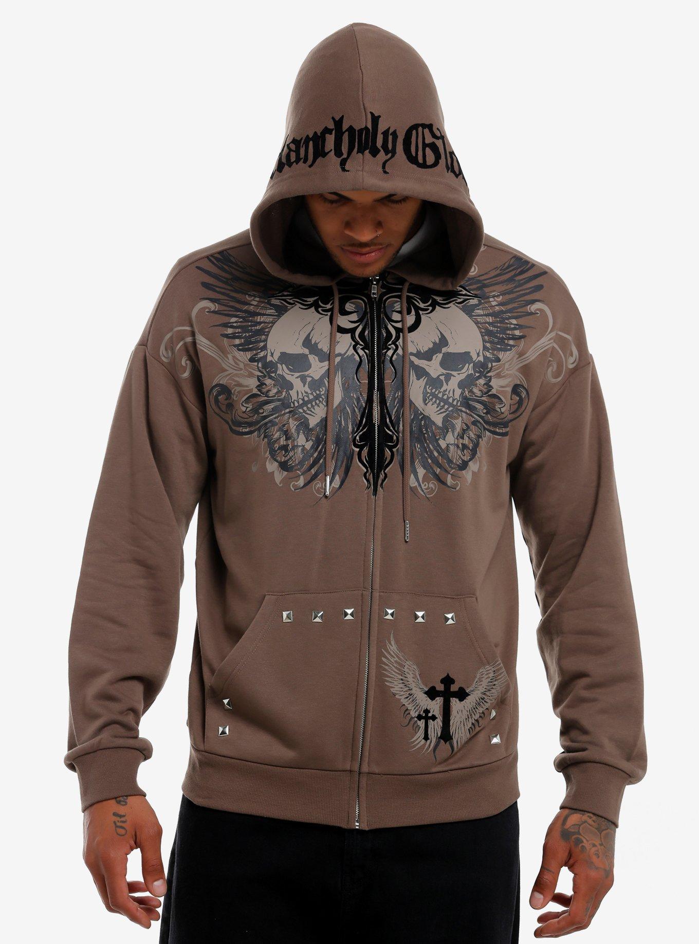 Social Collision Melancholy Skull Stud Hoodie, BLACK, hi-res