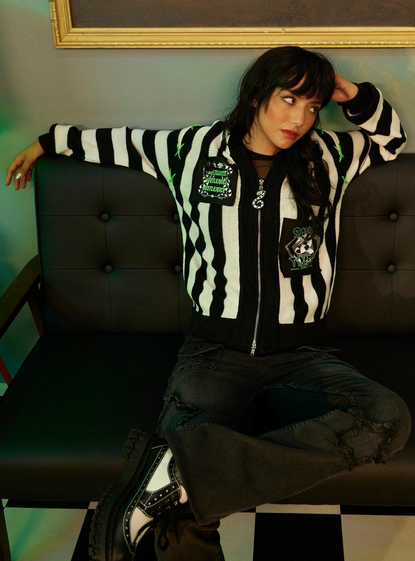 Beetlejuice Beetlejuice Stripe Patches Hooded Cardigan, MULTI, hi-res