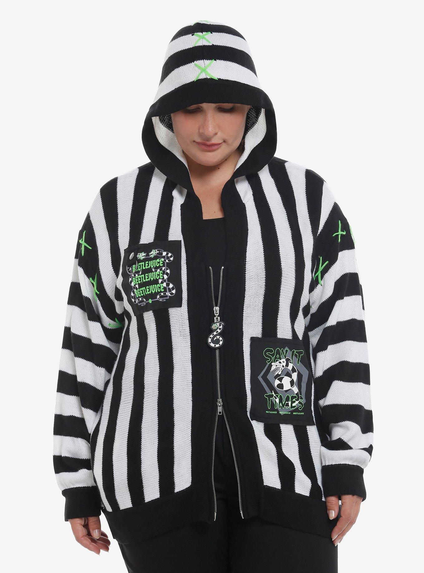 Beetlejuice Beetlejuice Stripe Patches Hooded Cardigan Plus Size, MULTI, hi-res