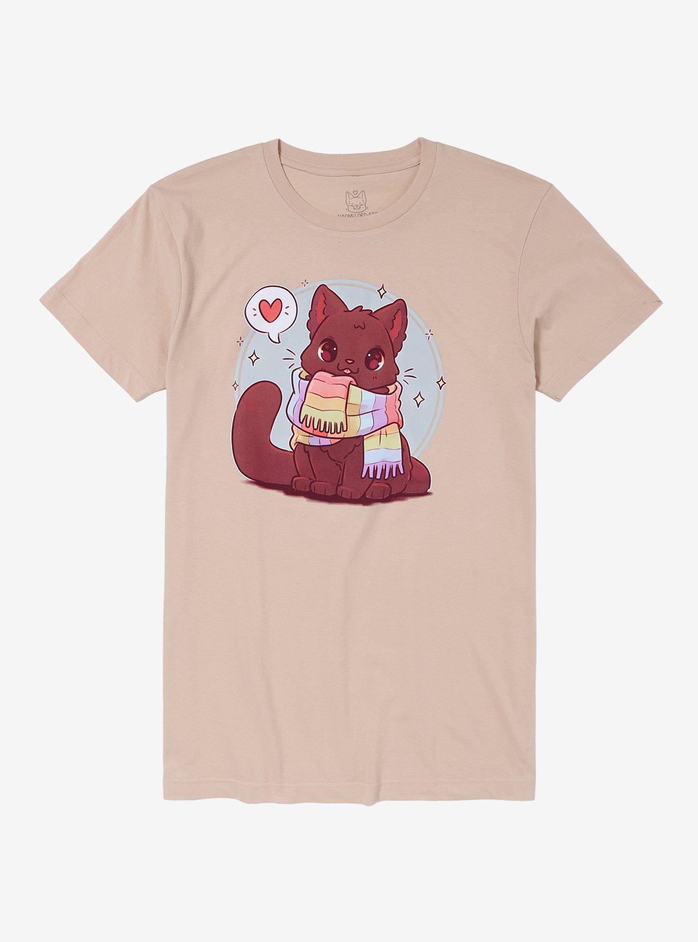 Cat Rainbow Scarf T-Shirt By Naomi Lord Art, NATURAL, hi-res