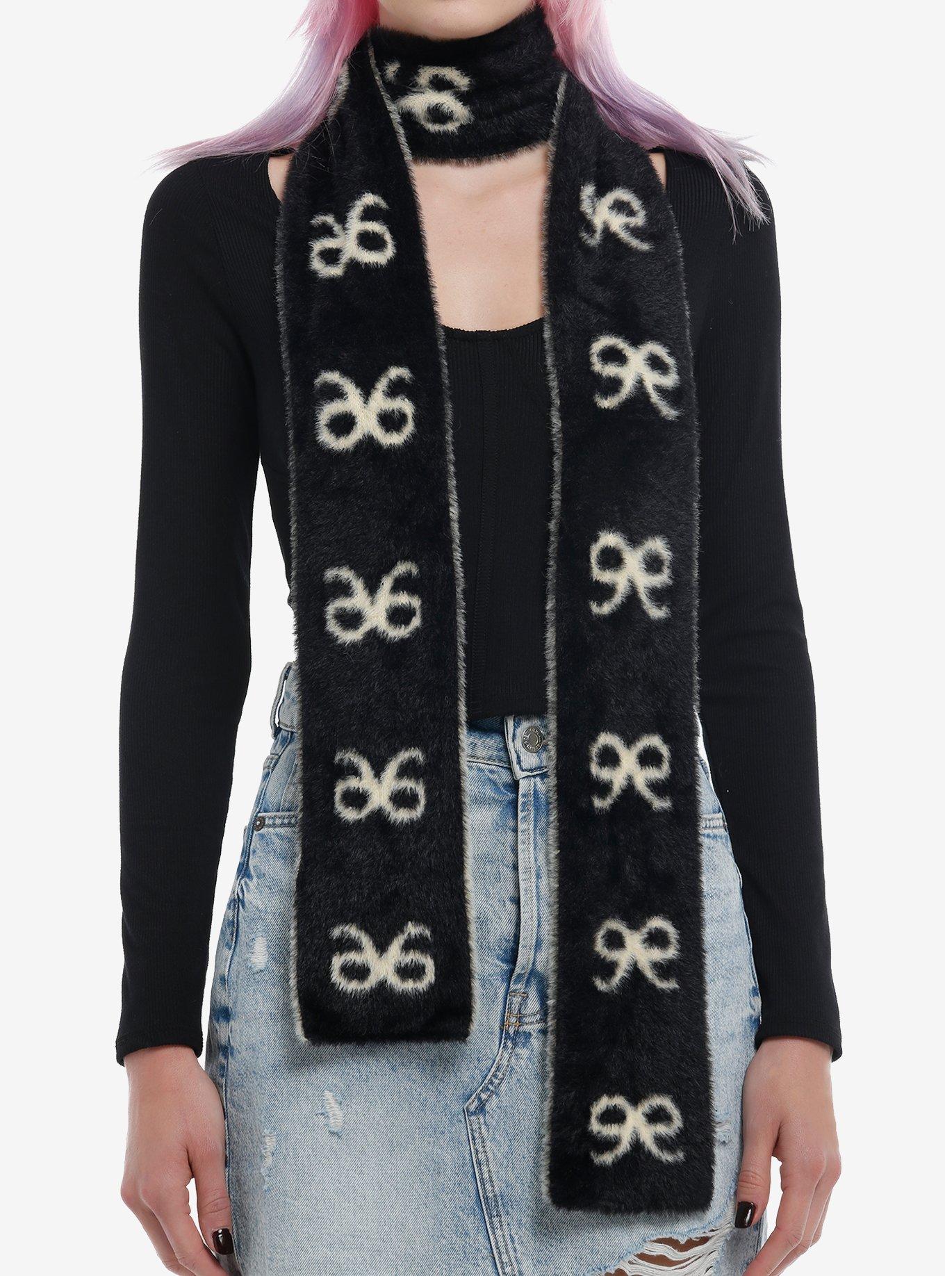 Black & Cream Bows Fuzzy Reversible Scarf, , hi-res