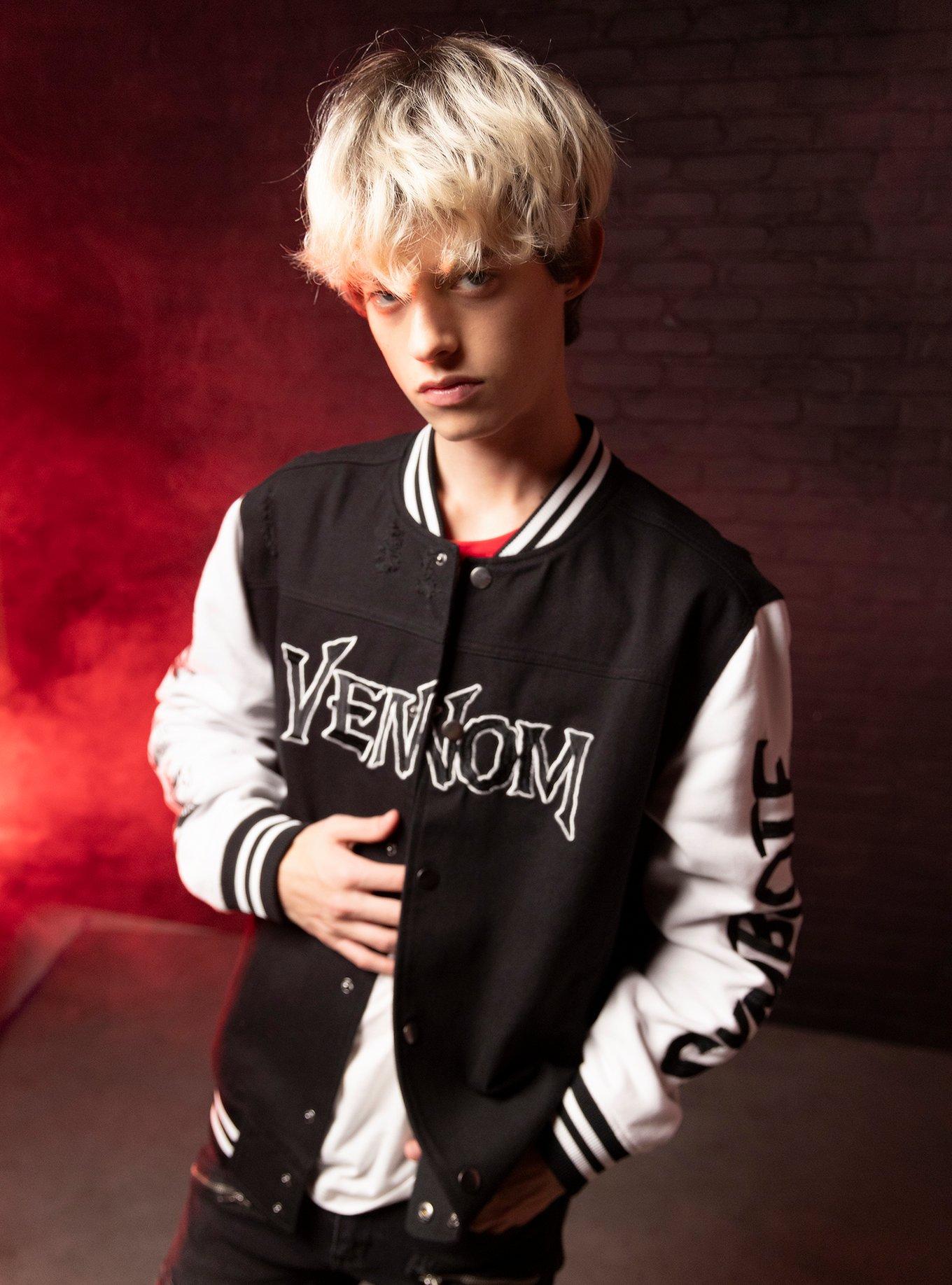 Our Universe Marvel Venom Patches Destructed Varsity Jacket, BLACK  WHITE, hi-res