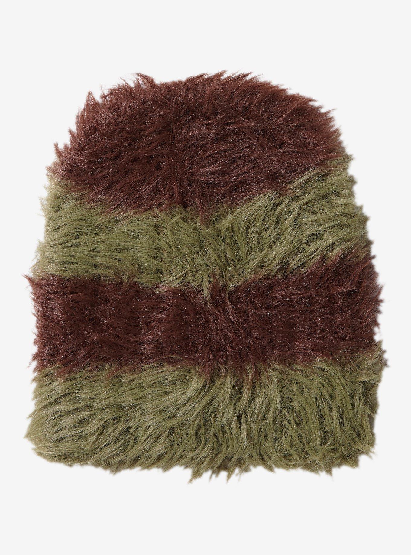 Brown & Green Stripe Fuzzy Beanie, , hi-res