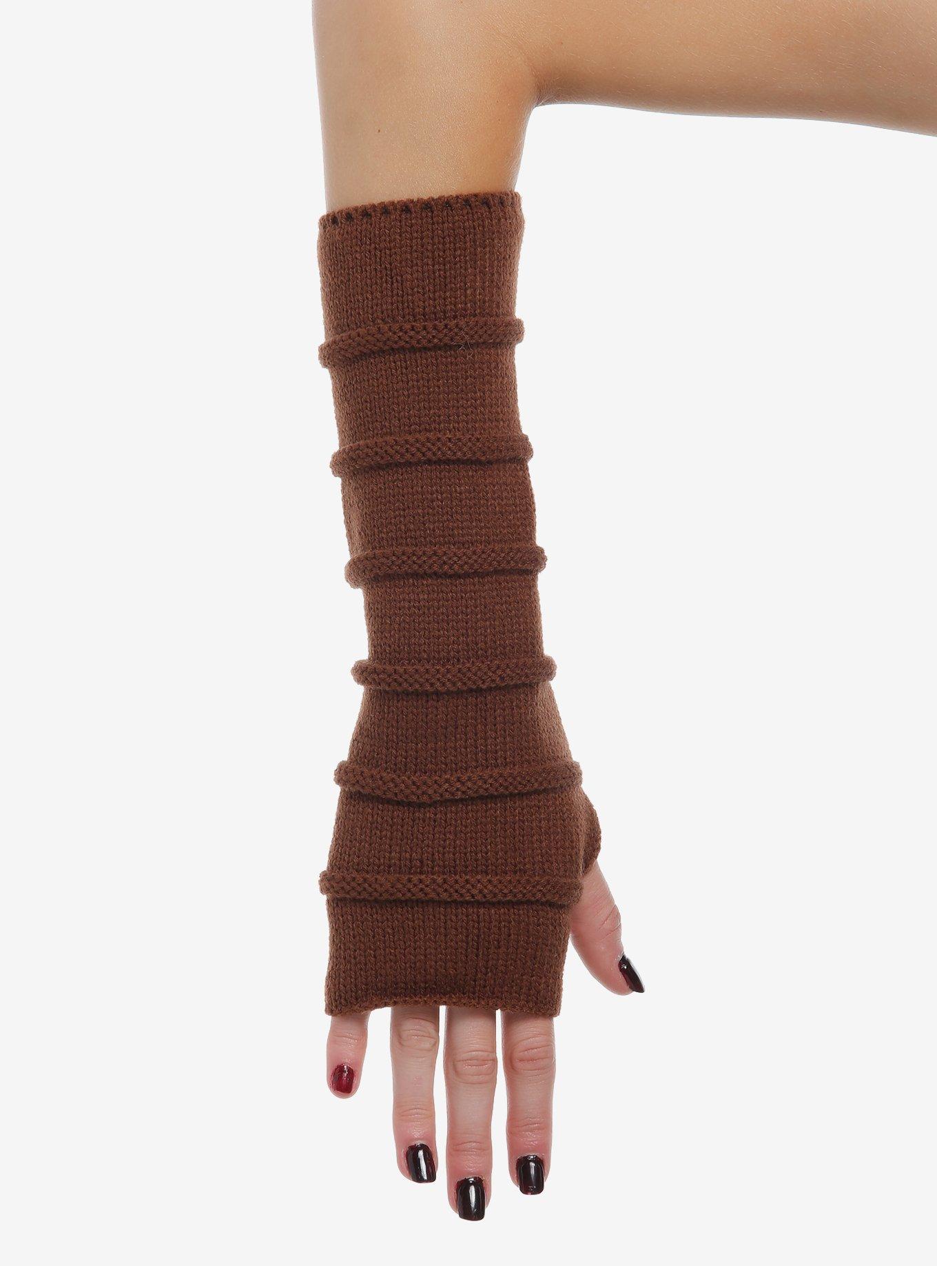 Brown Texture Knit Arm Warmers, , hi-res