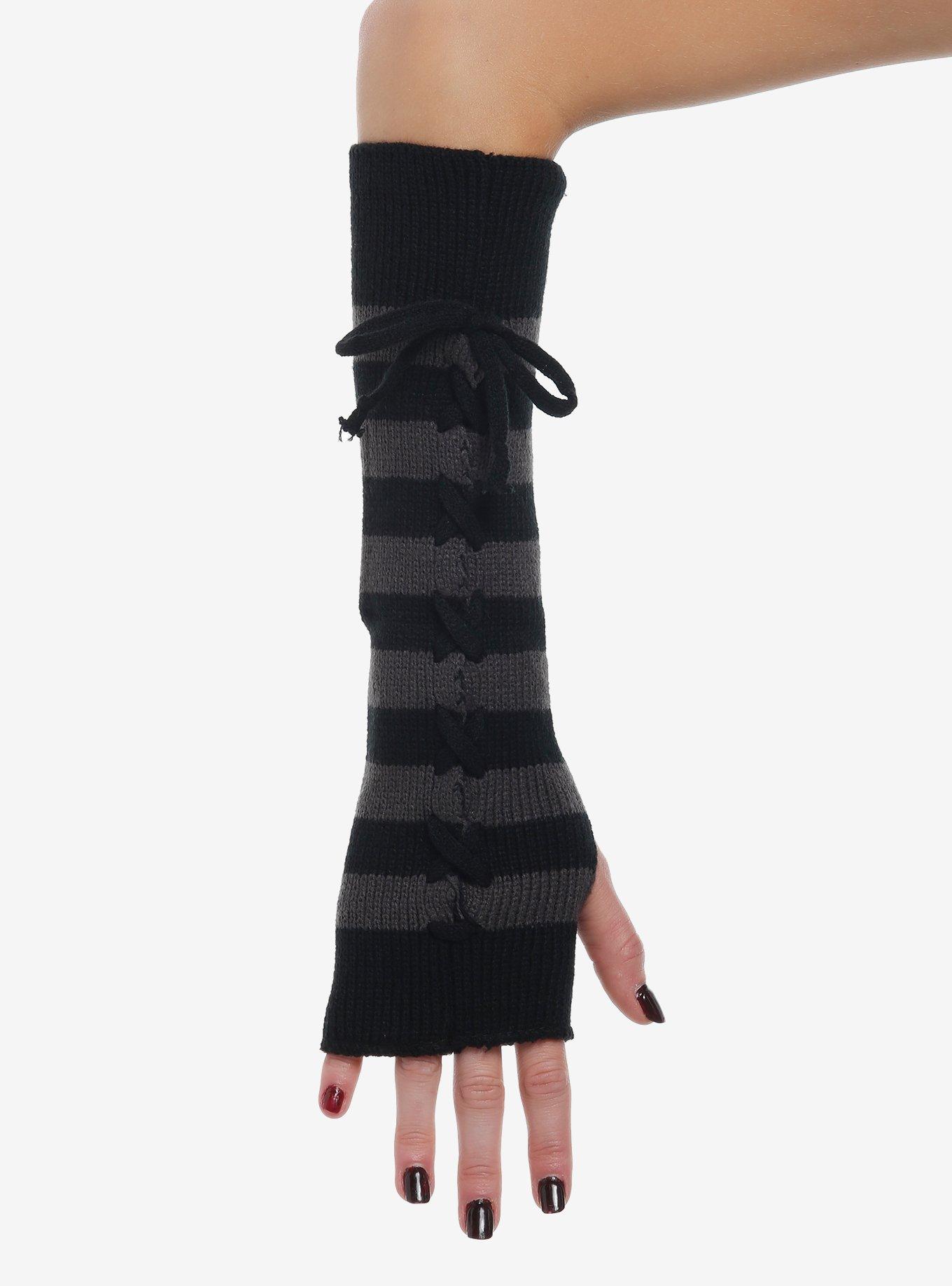 Black & Grey Stripe Lace-Up Arm Warmers, , hi-res