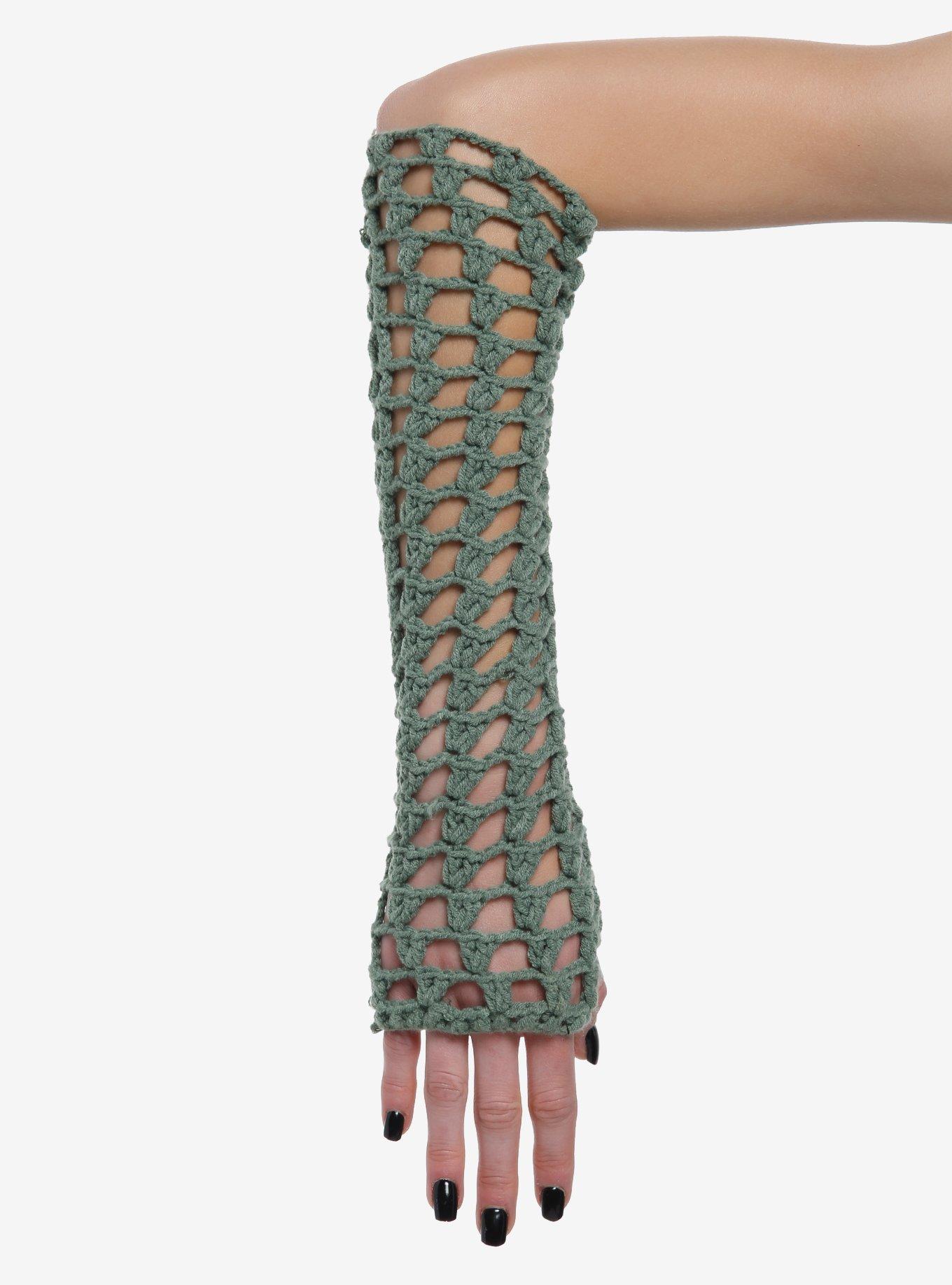 Green Cutout Crochet Arm Warmers, , hi-res
