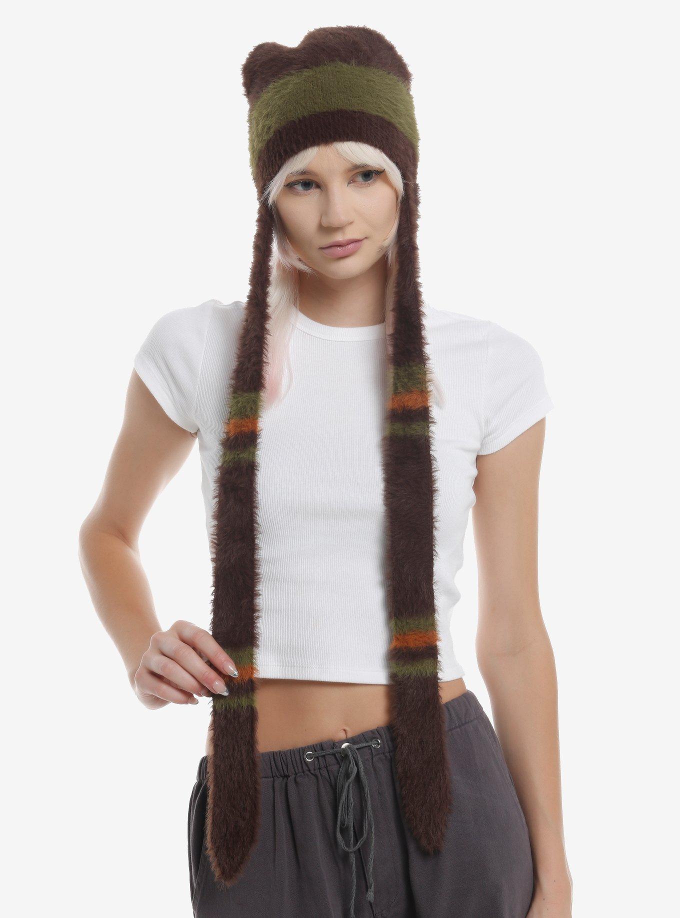 Brown & Green Fuzzy Beanie Scarf, , hi-res