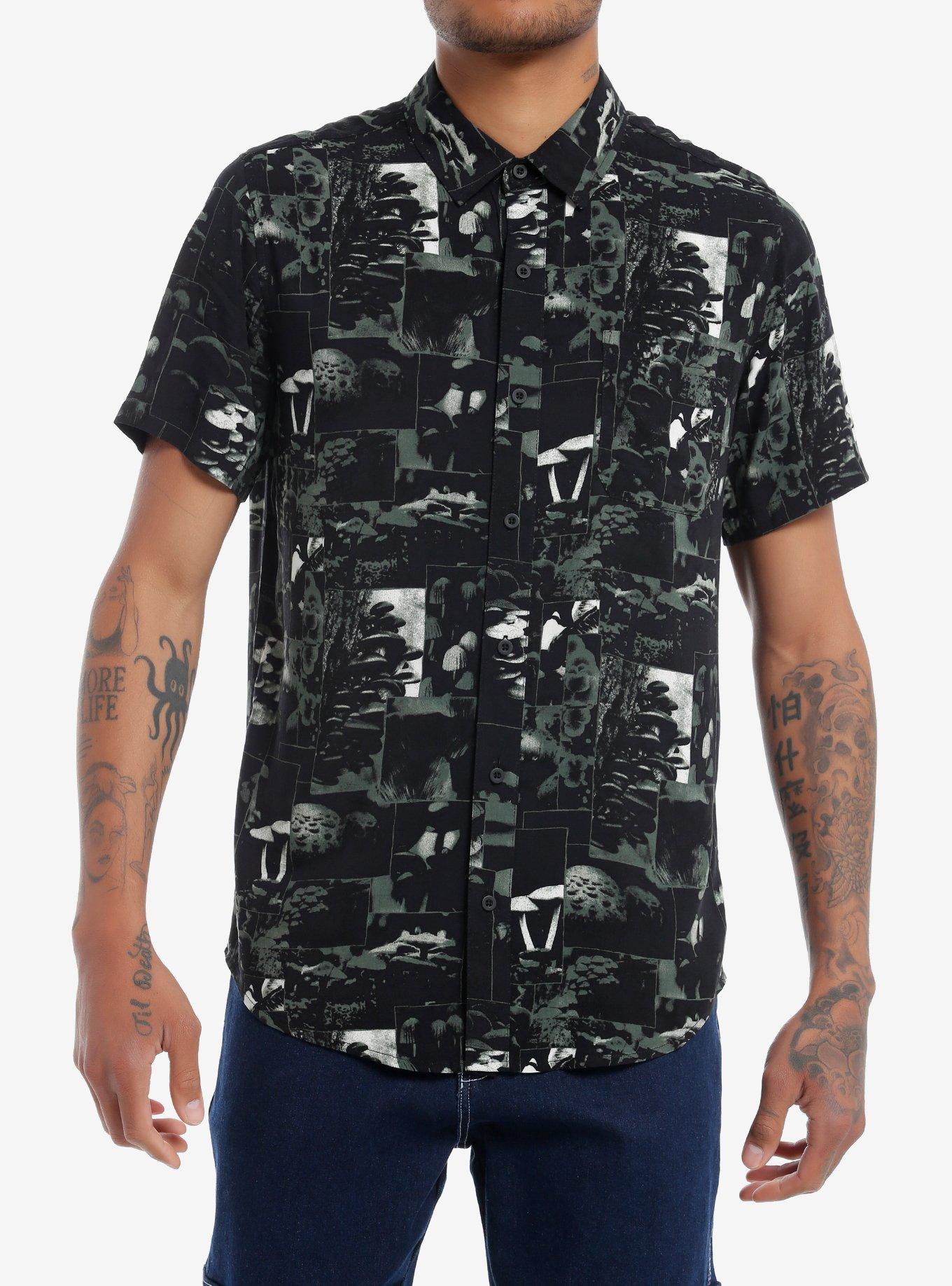 Mushroom Square Collage Woven Button-Up, BLACK, hi-res
