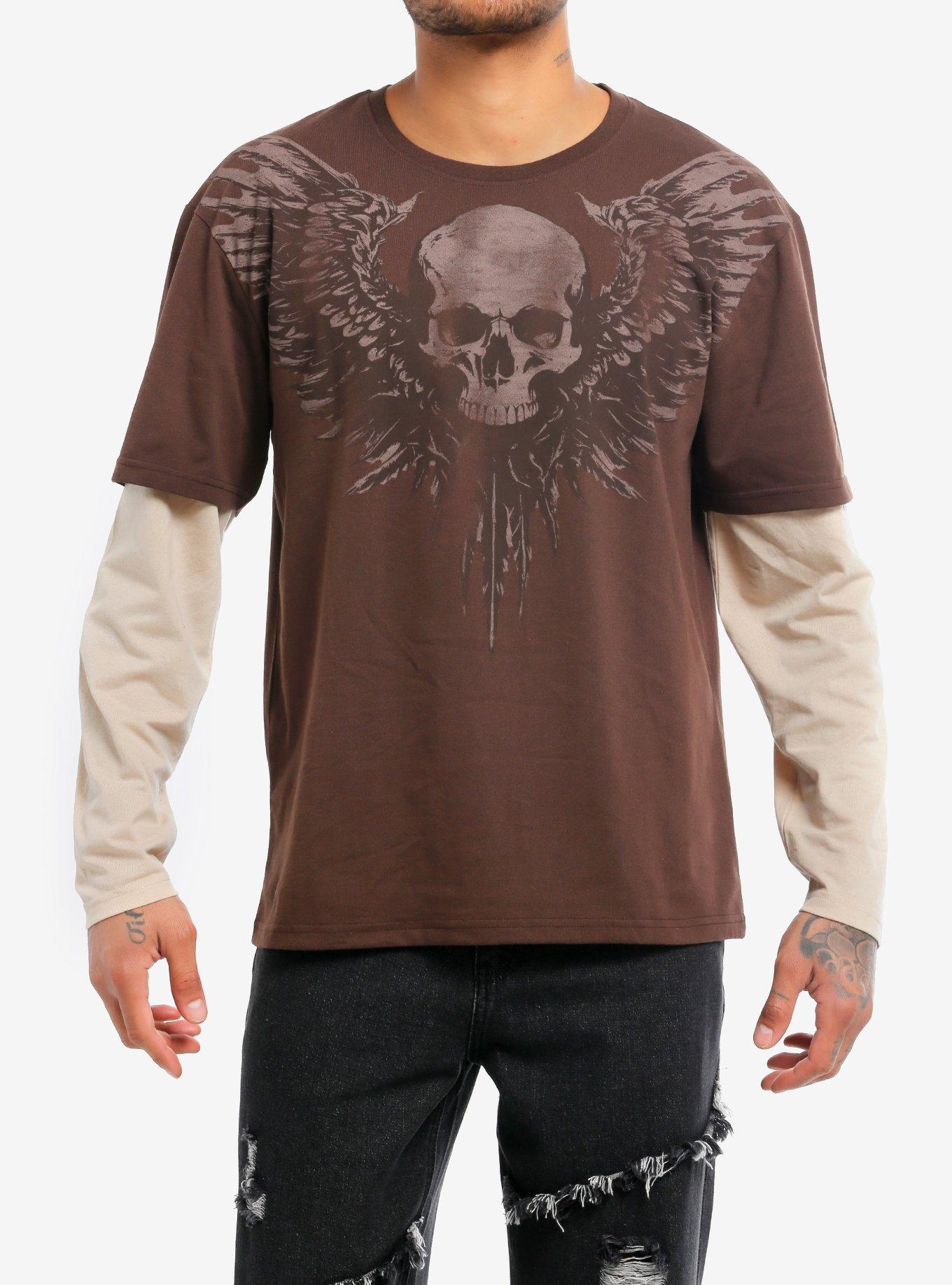 Winged Skull Brown Twofer Long-Sleeve T-Shirt