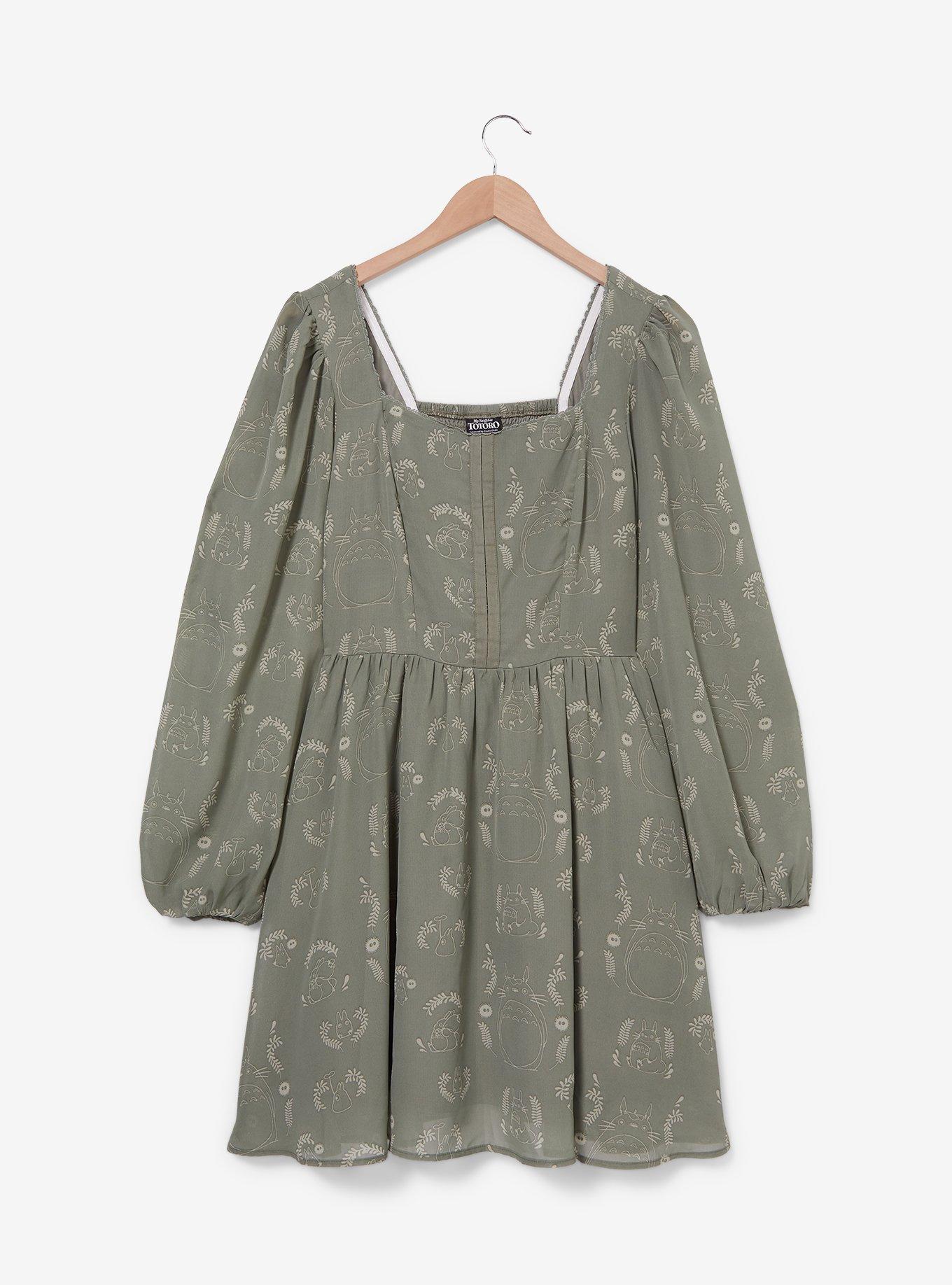 Her Universe Studio Ghibli® My Neighbor Totoro Floral Totoro Allover Print Long-Sleeve Smock Dress, SAGE GREEN, hi-res