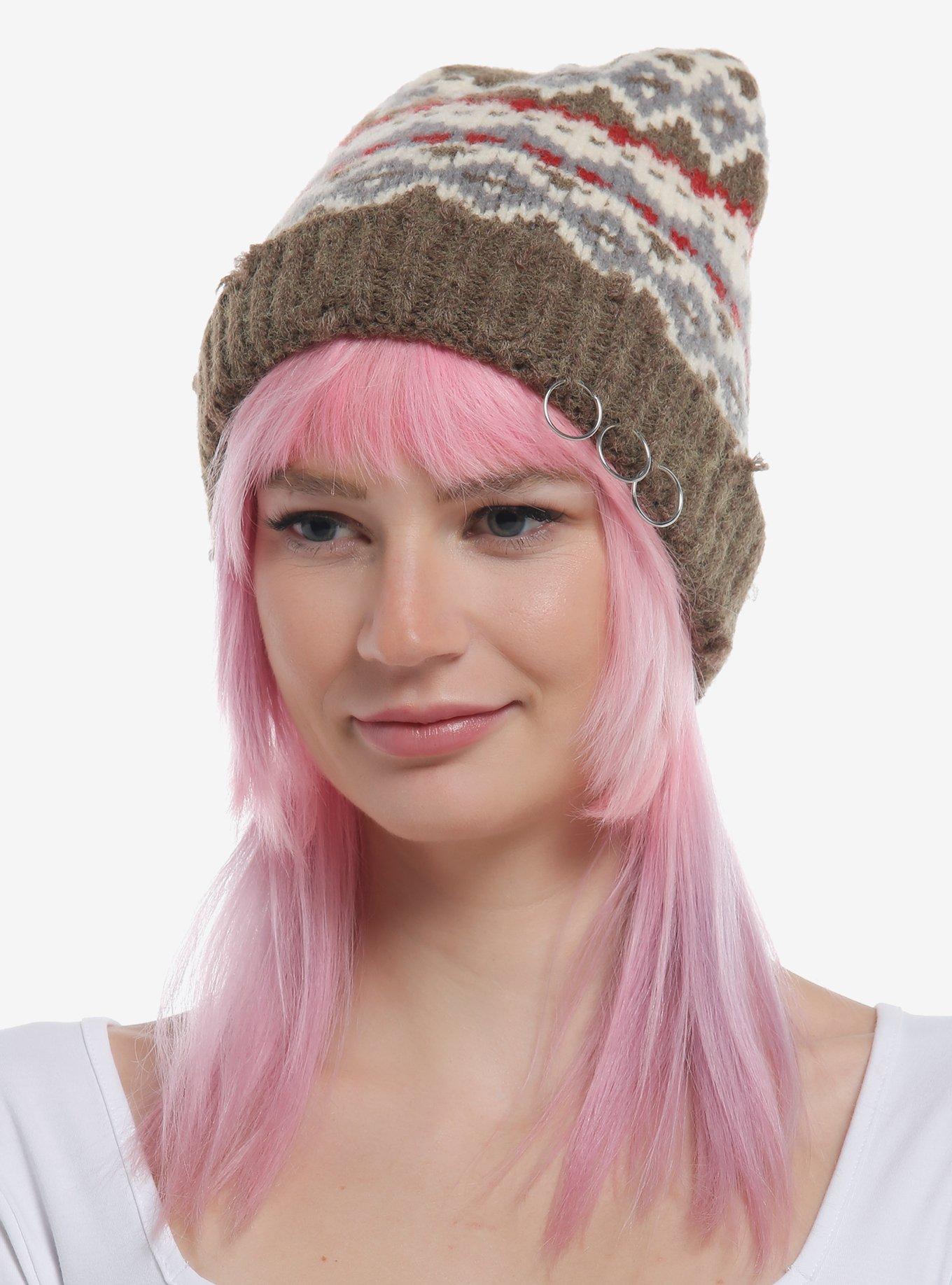 Brown Fair Isle Hardware Beanie, , hi-res