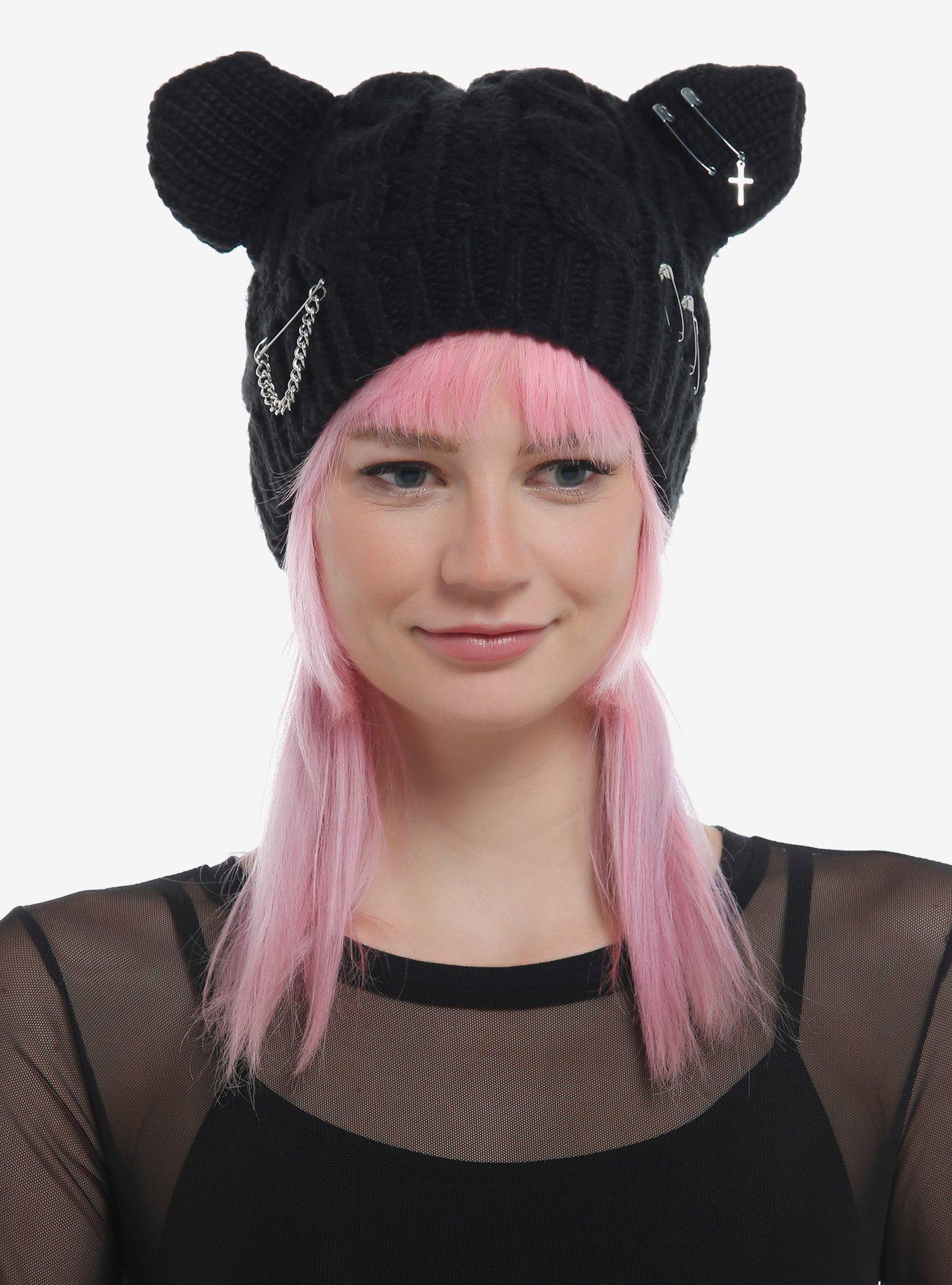 Black Pierced Cat Ear Beanie