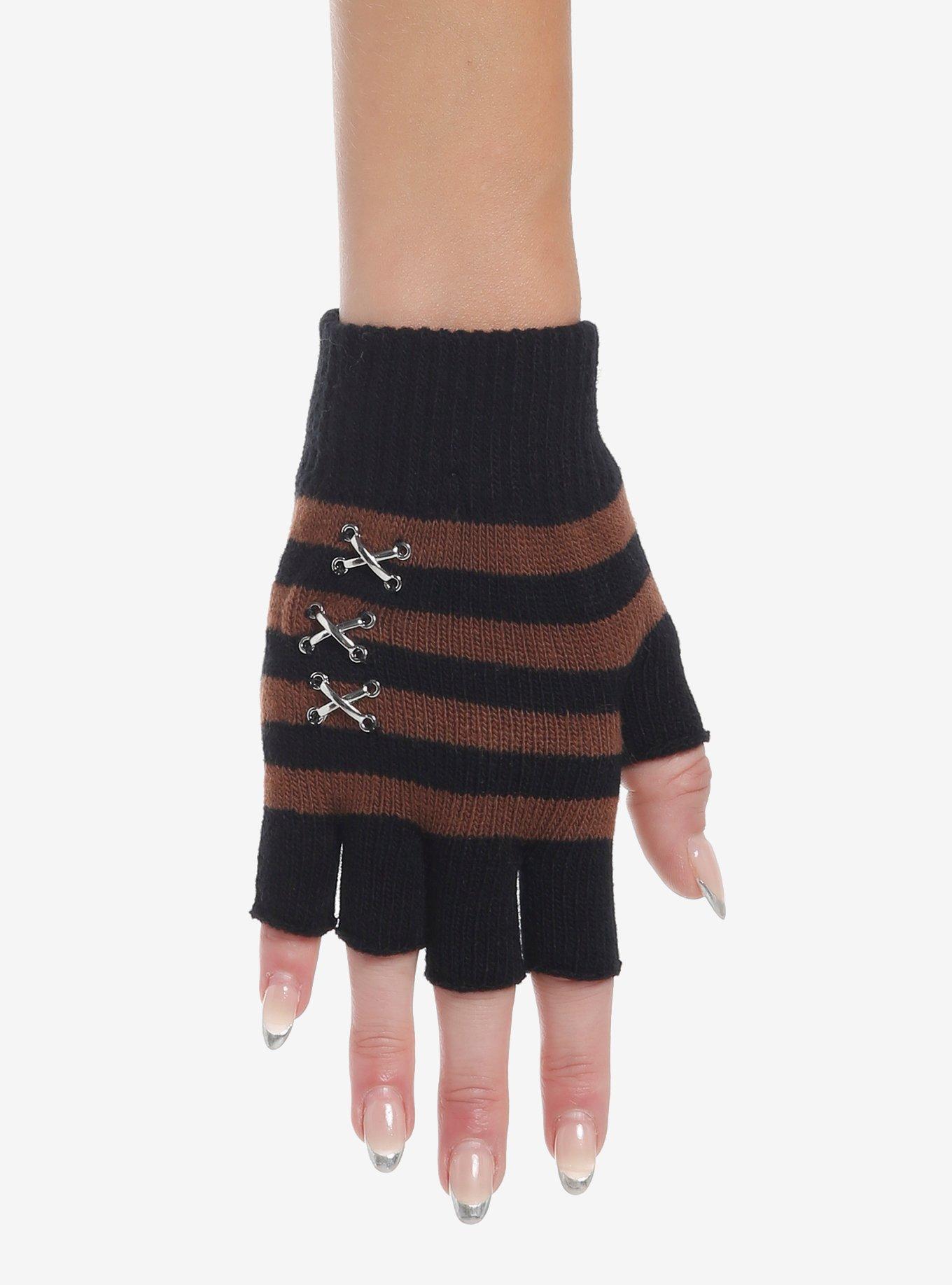 Brown & Black Stripe Stitched Fingerless Gloves, , hi-res