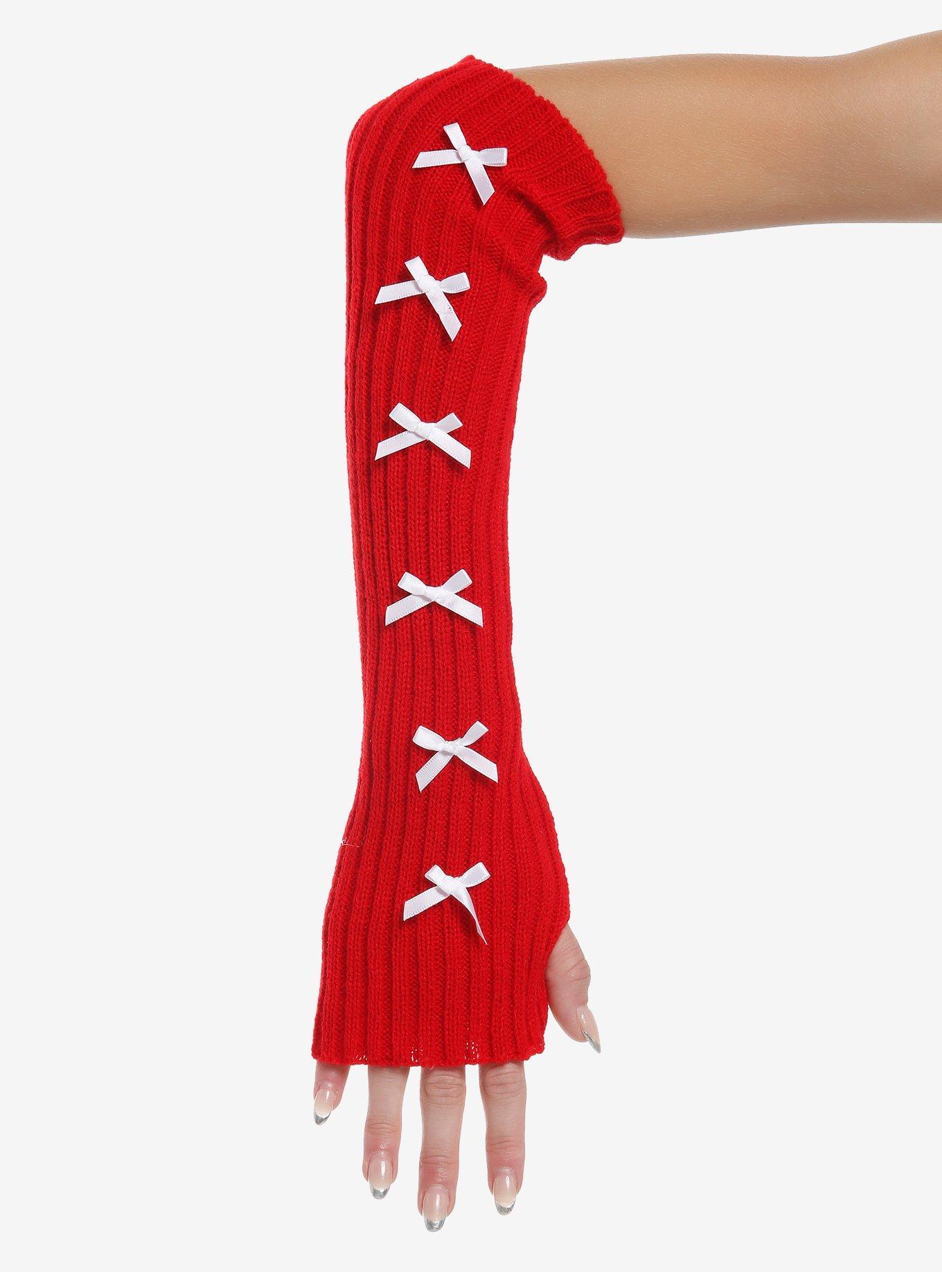 Red Ribbed & White Bow Arm Warmers, , hi-res