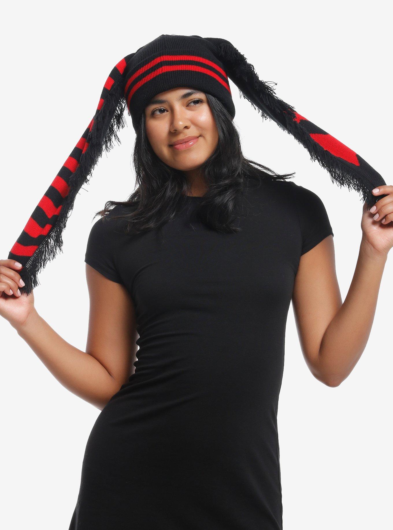 Black & Red Star Stripe Bunny Ear Beanie, , hi-res