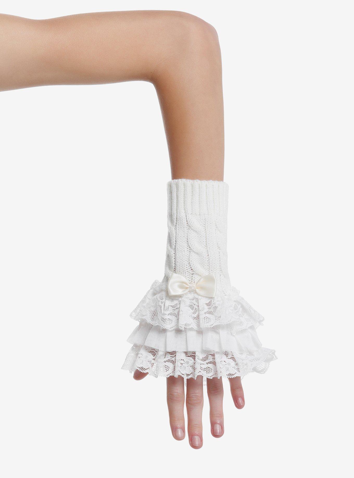 White Lace Tiered Bow Arm Warmers, , hi-res