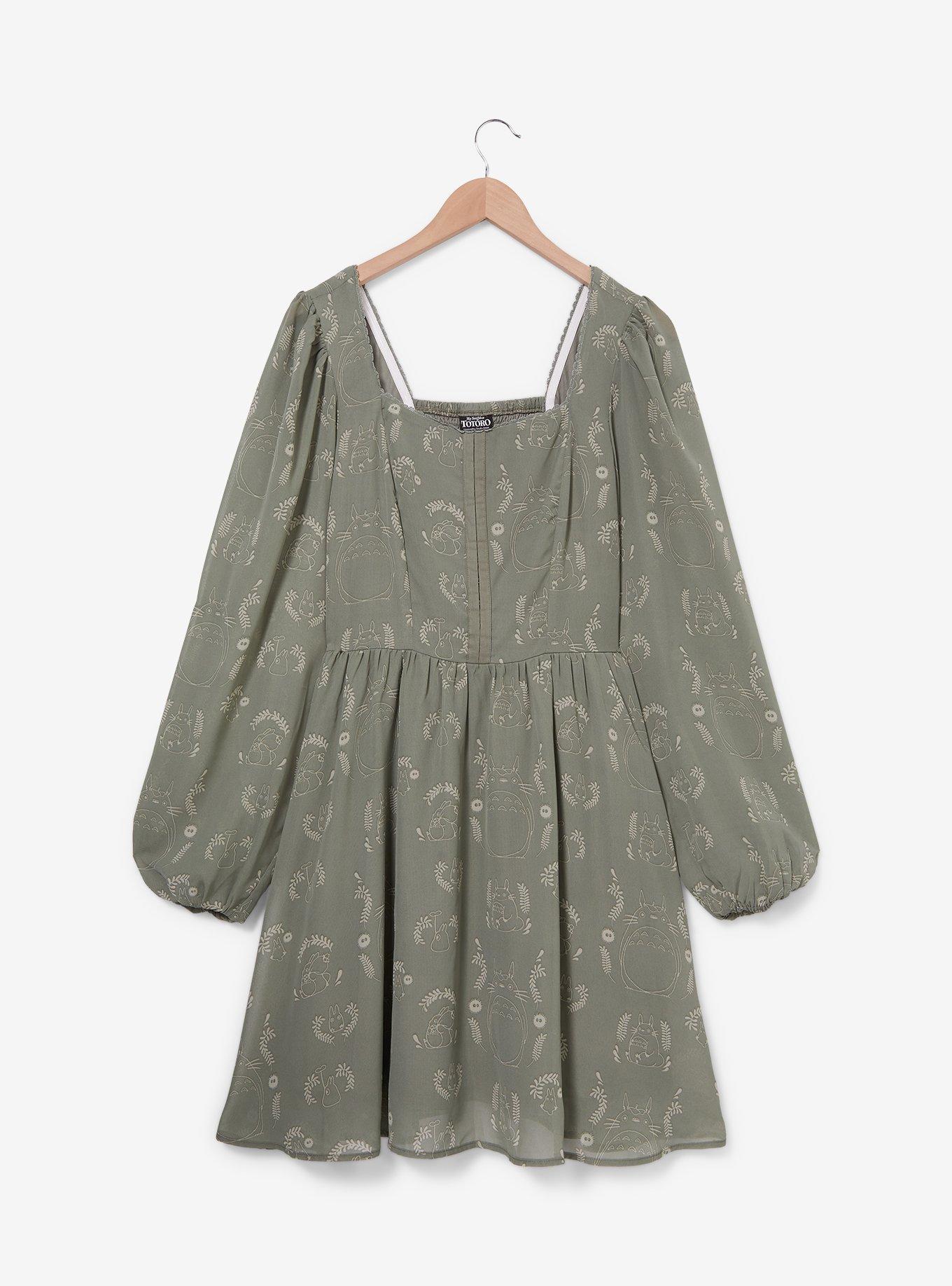 Studio Ghibli My Neighbor Totoro Floral Totoro Allover Print Long Sleeve Plus Size Smock Dress - BoxLunch Exclusive, SAGE, hi-res