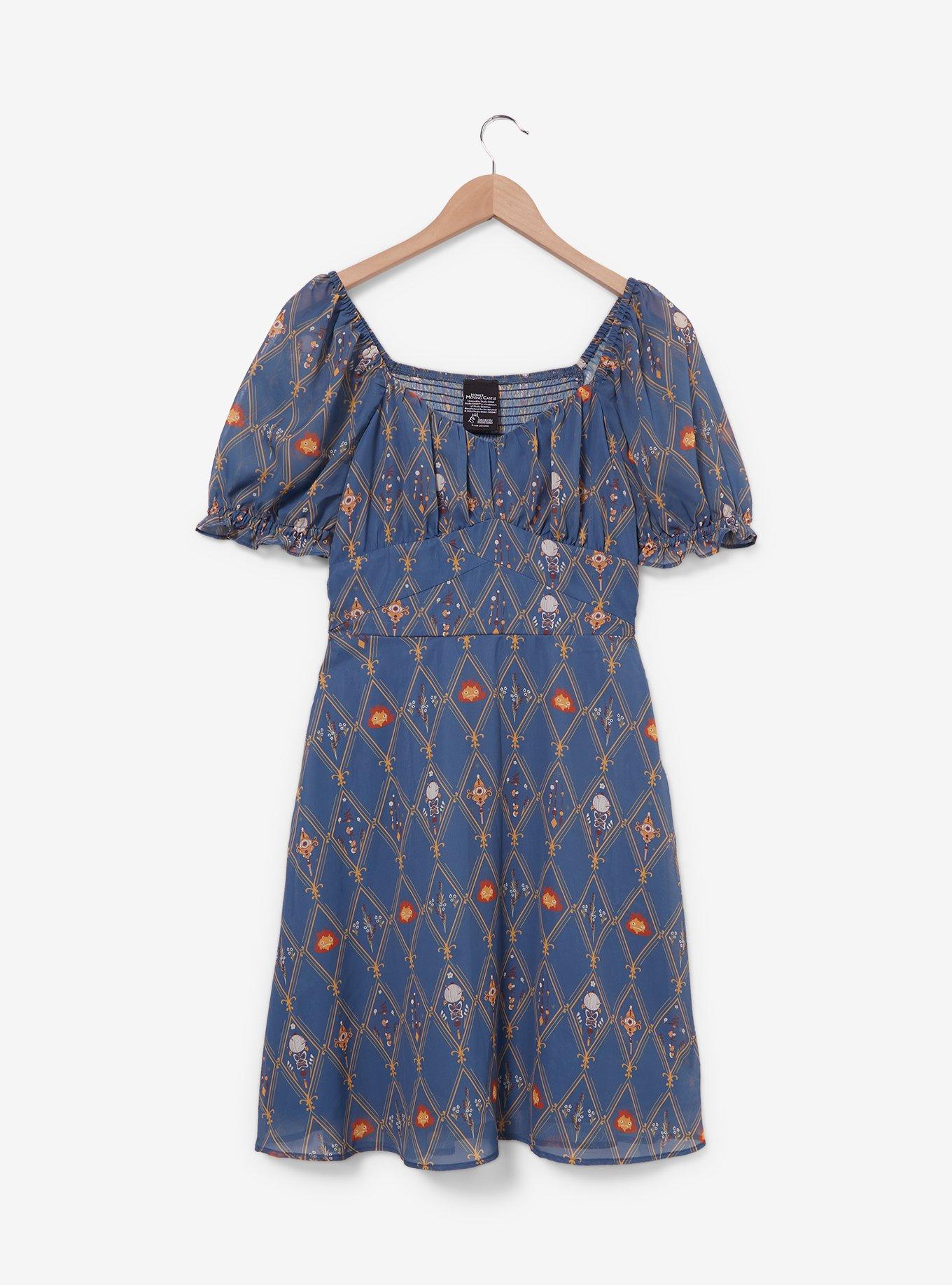 Studio Ghibli Howl's Moving Castle Diamond Icons Allover Print Smock Dress - BoxLunch Exclusive, BLUE, hi-res