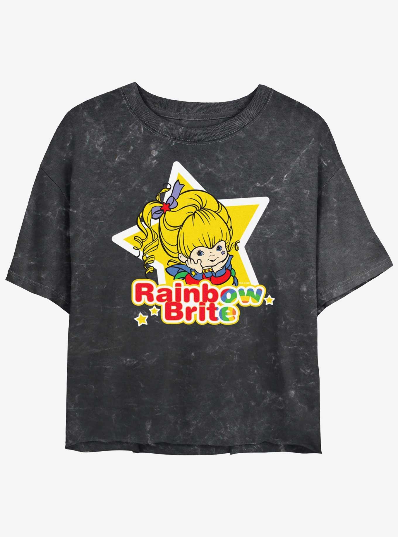 Rainbow Brite Star Badge Girls Mineral Wash Crop T-Shirt, BLACK, hi-res