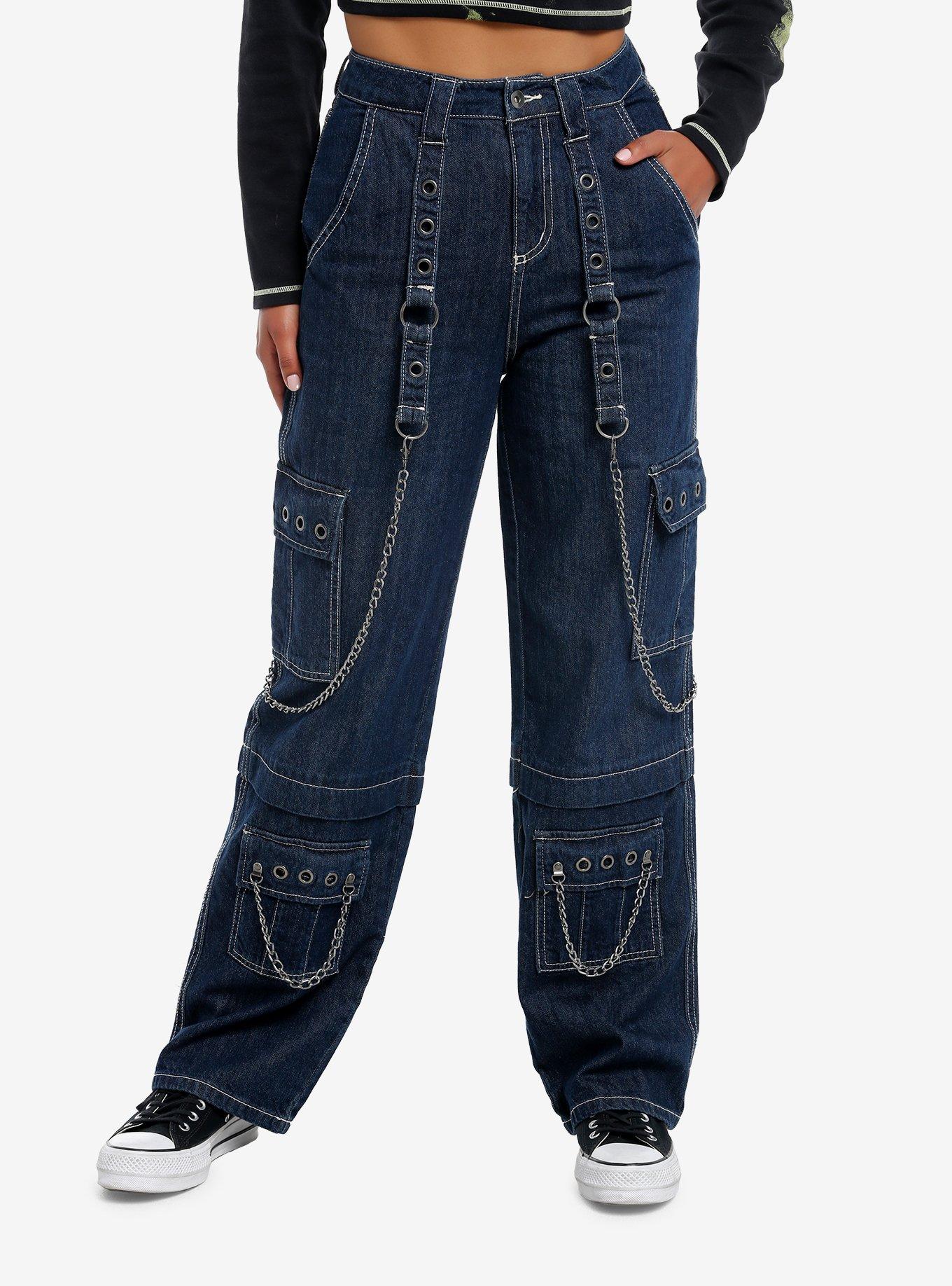 Dark Blue Grommets & Chains Wide Leg Jeans, DARK BLUE, hi-res
