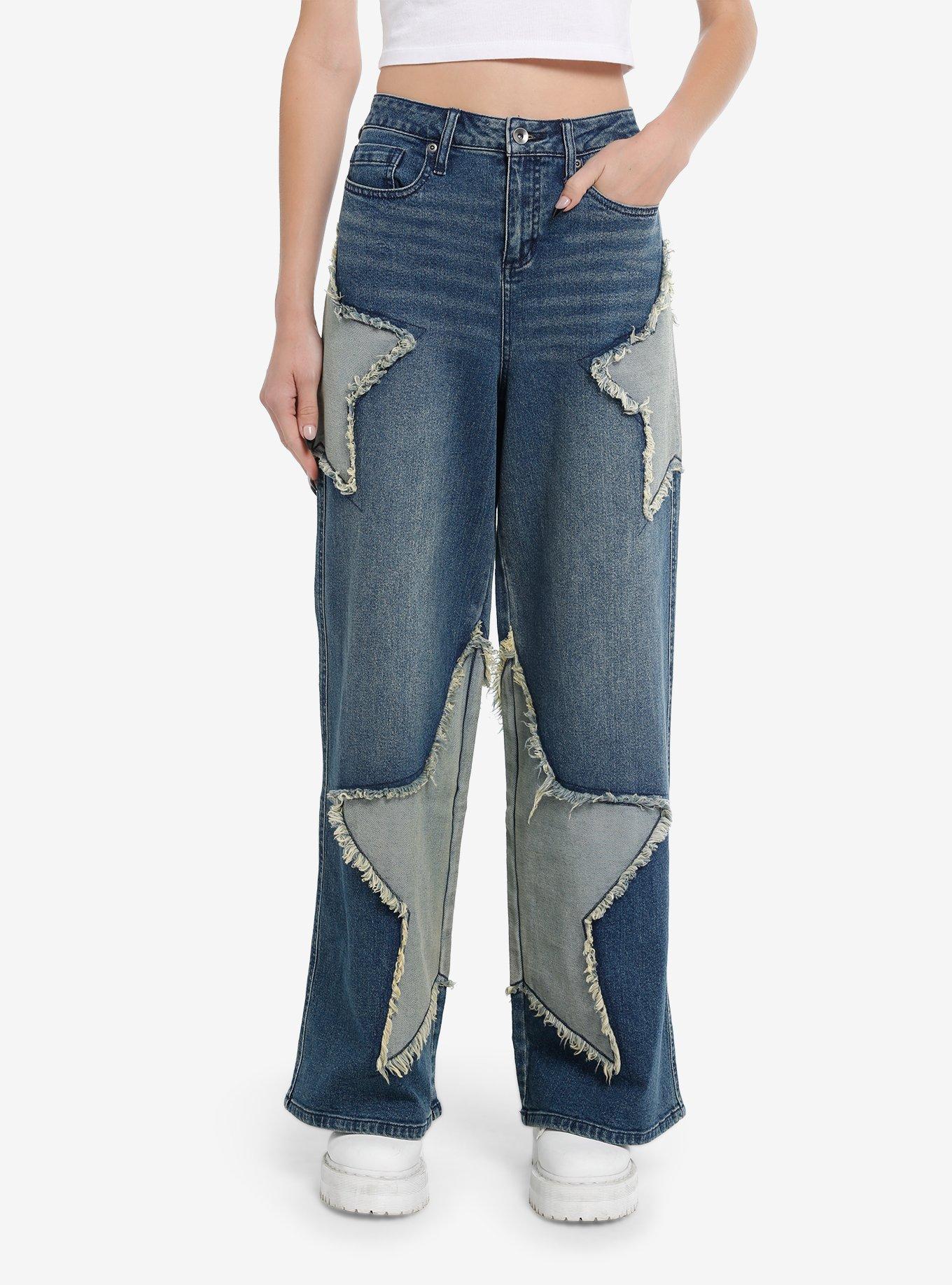 Two-Toned Star Appliqué Wide-Leg Jeans, , hi-res