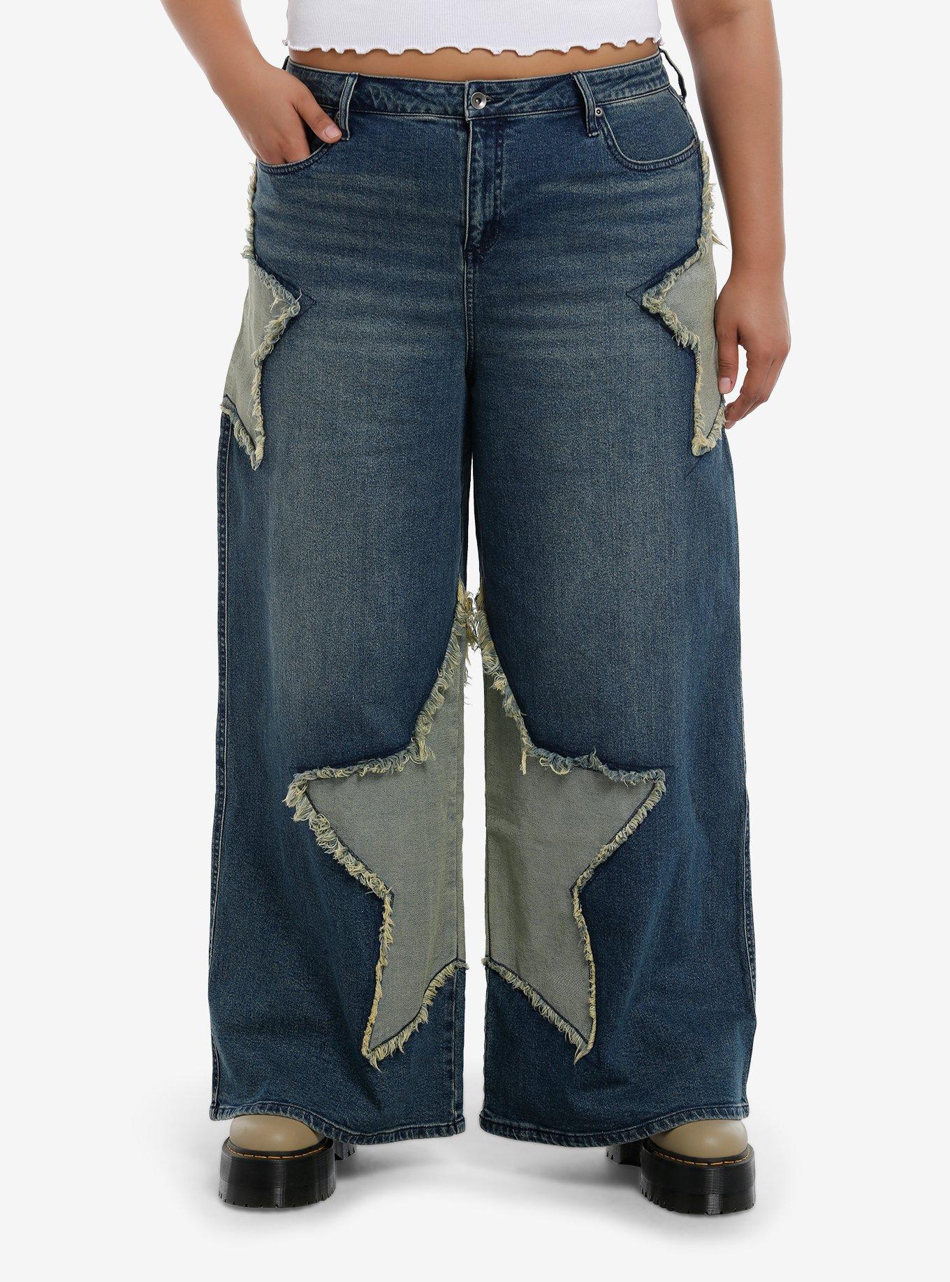 Two-Toned Star Appliqué Wide-Leg Jeans Plus Size, INDIGO, hi-res