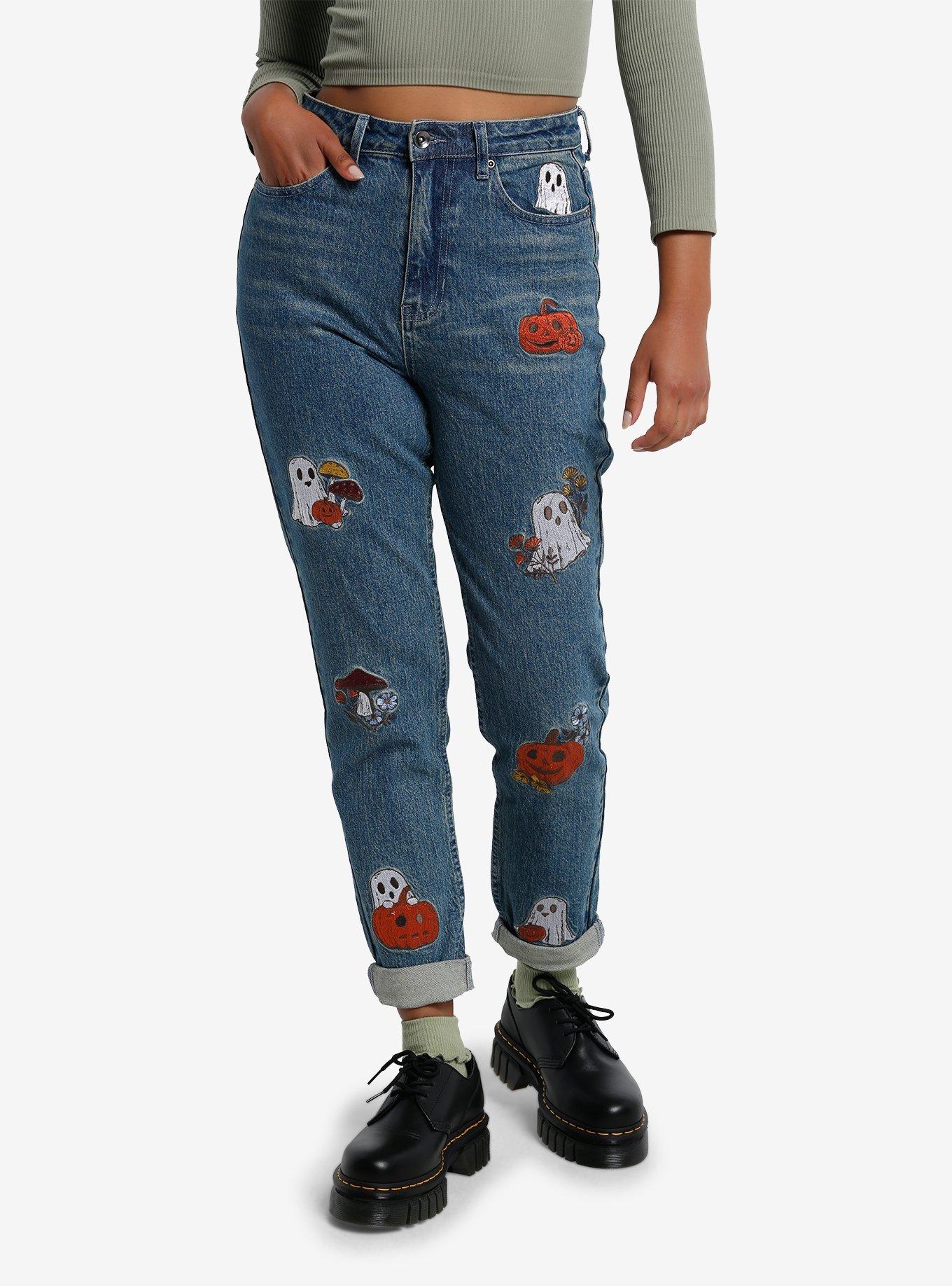 Thorn & Fable Autumn Ghost Embroidered Mom Jeans, ORANGE, hi-res