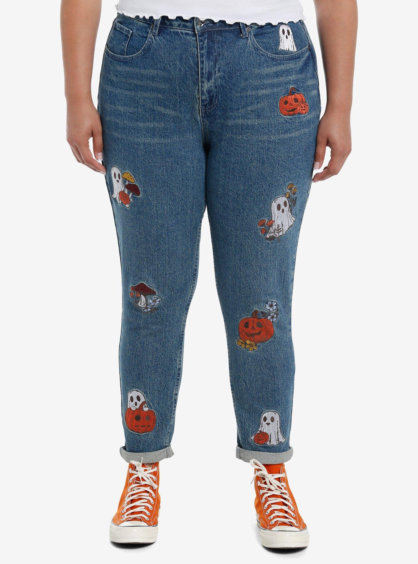 Thorn & Fable Autumn Ghost Embroidered Mom Jeans Plus Size | Hot Topic