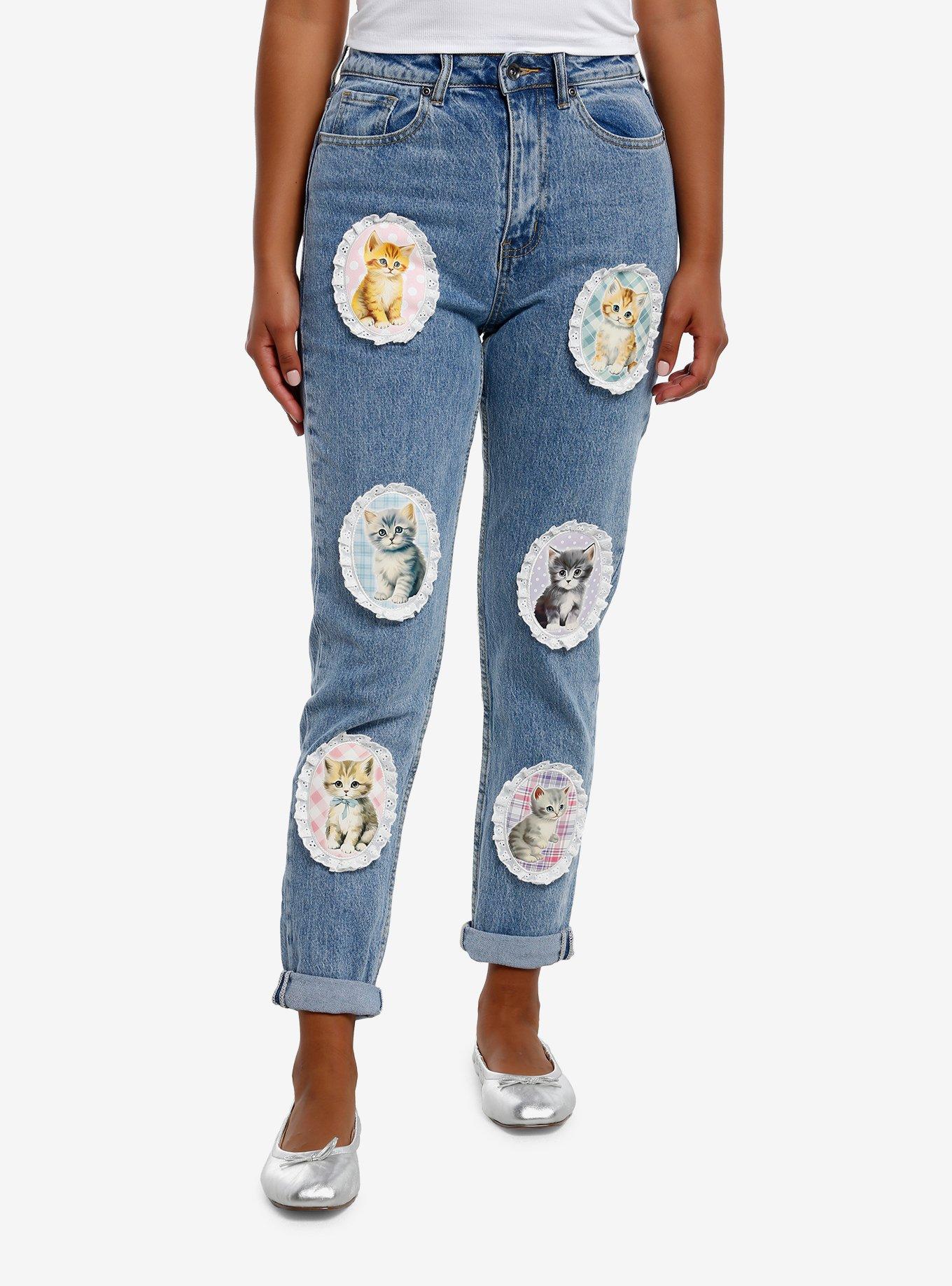 Sweet Society Cat Portrait Bow Mom Jeans, PINK, hi-res