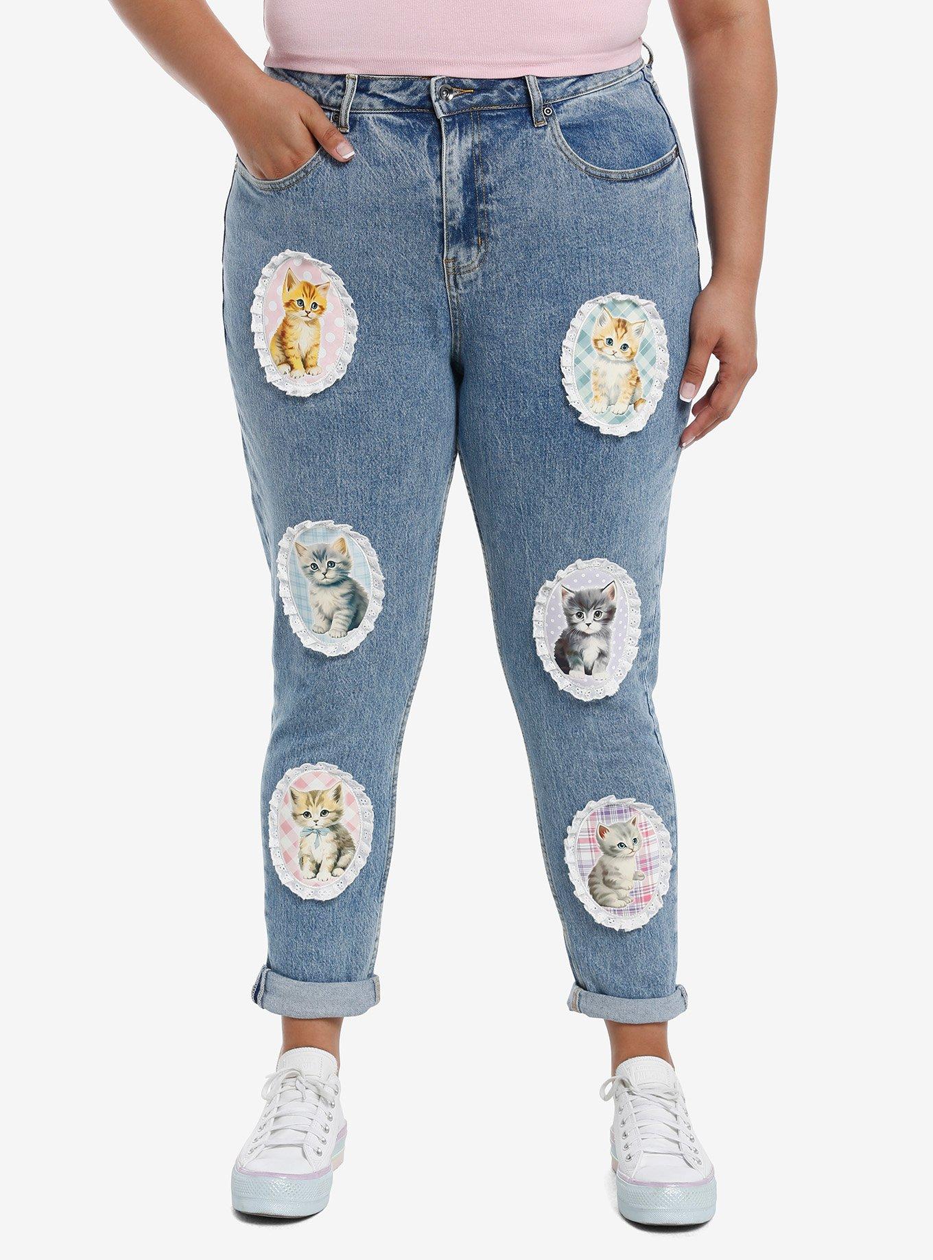 Sweet Society Cat Portrait Bow Mom Jeans Plus