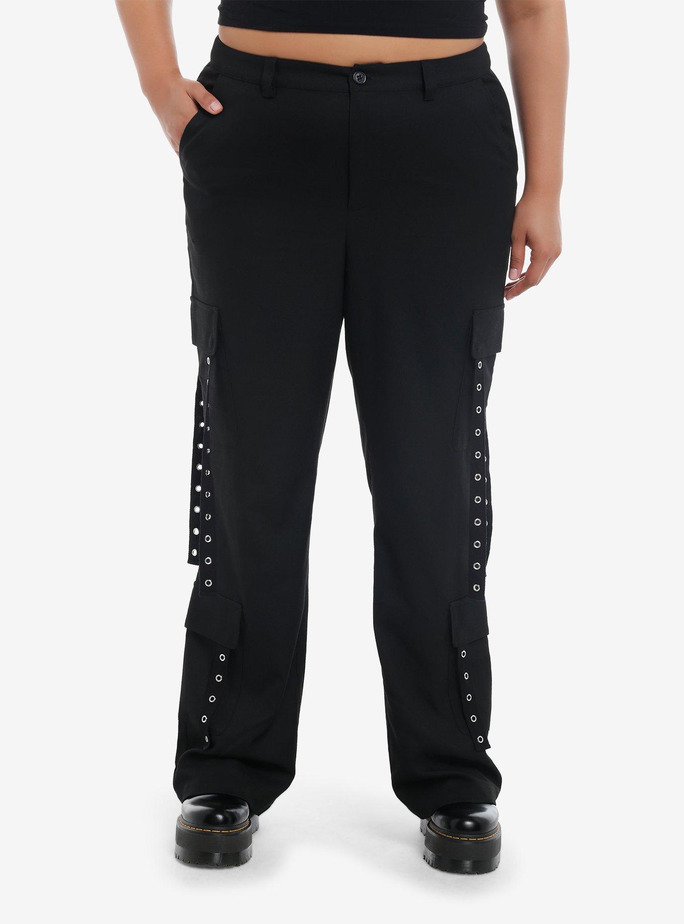 Black Grommet Strap Cargo Pocket Pants Plus Size, , hi-res