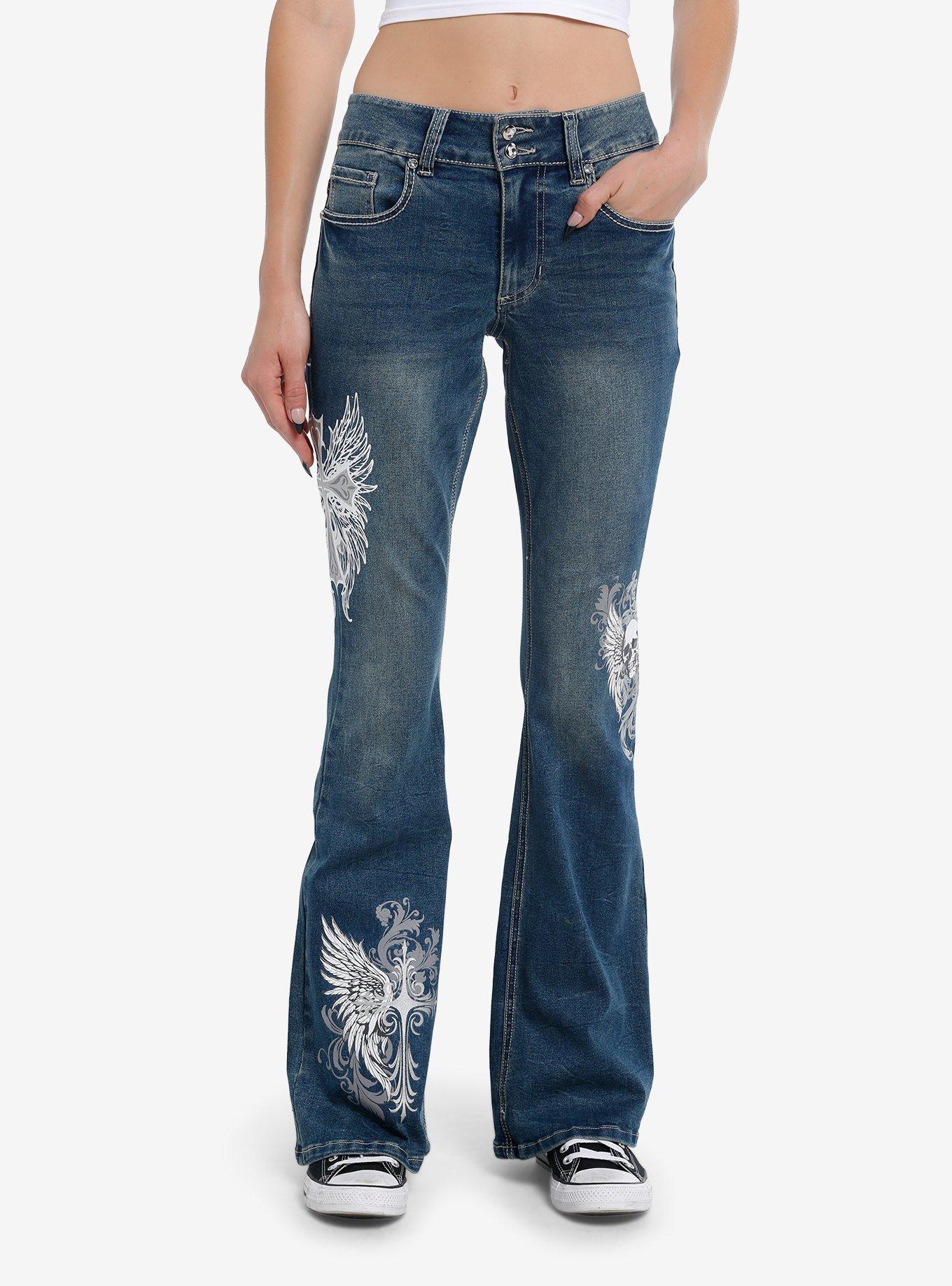 Cross Skull Wings Rhinestone Flare Denim Pants