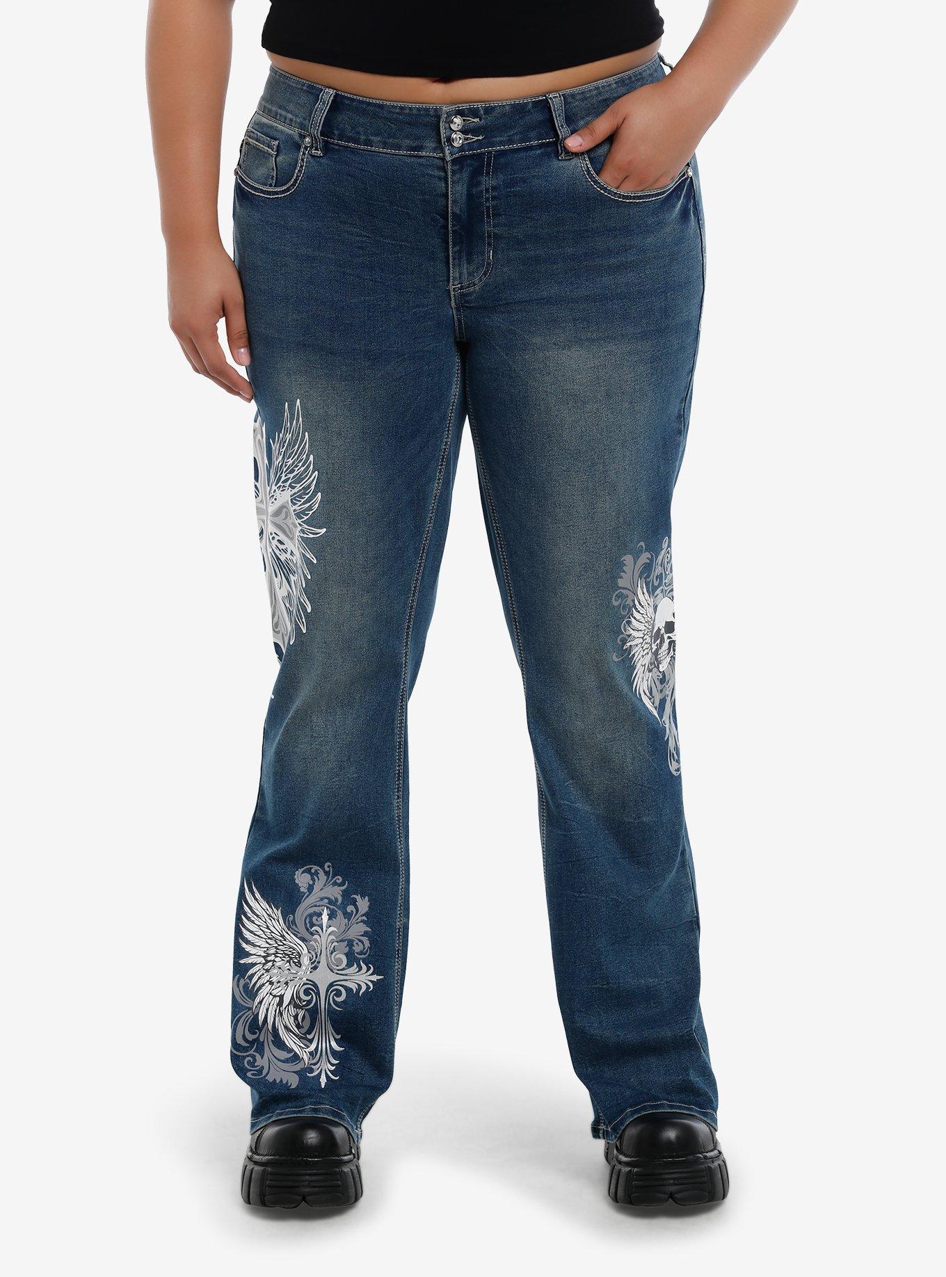 Cross Skull Wings Rhinestone Flare Denim Pants Plus Size, , hi-res