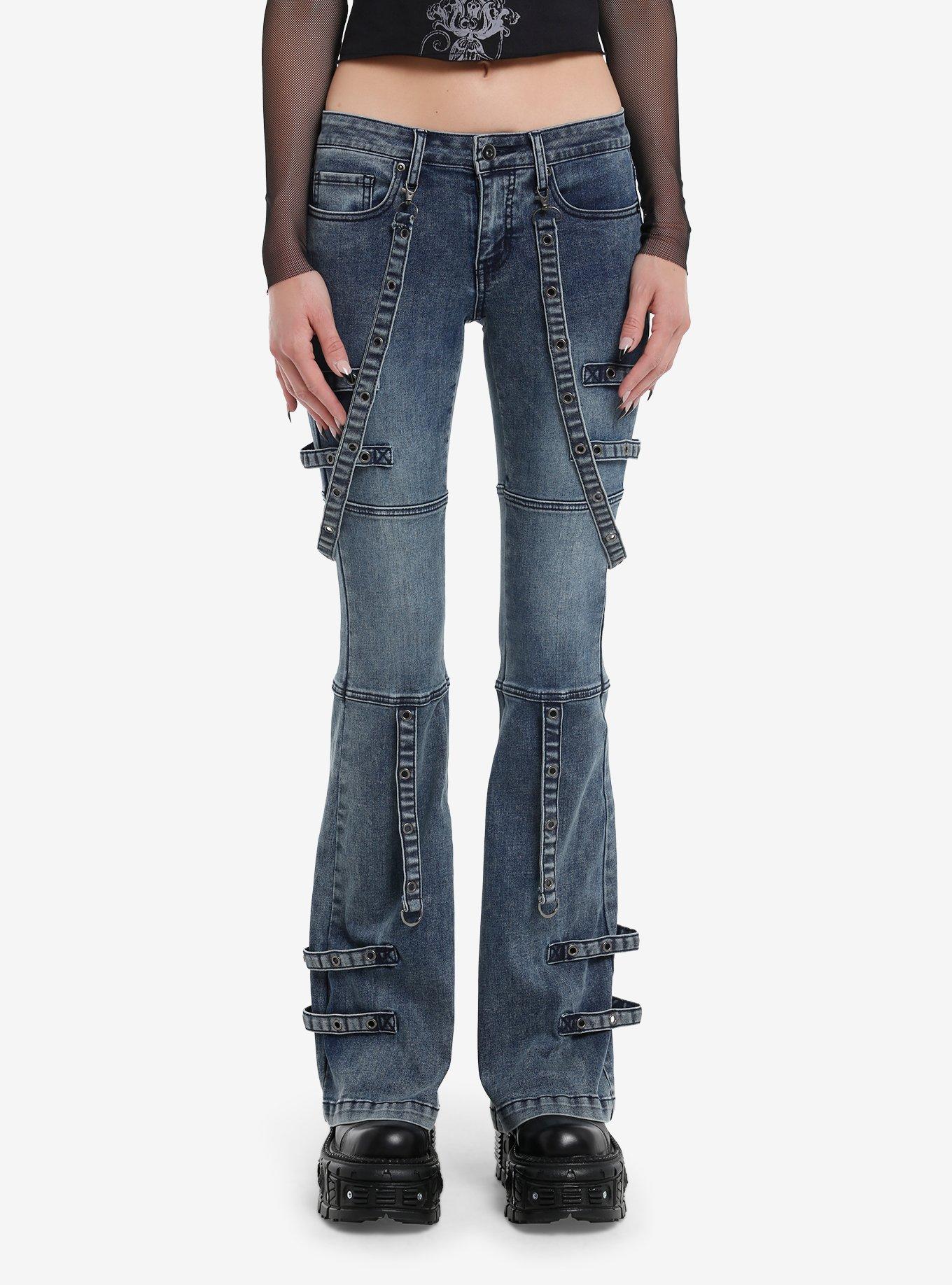 Dark Blue Grommet Tape Low-Rise Bootcut Jeans