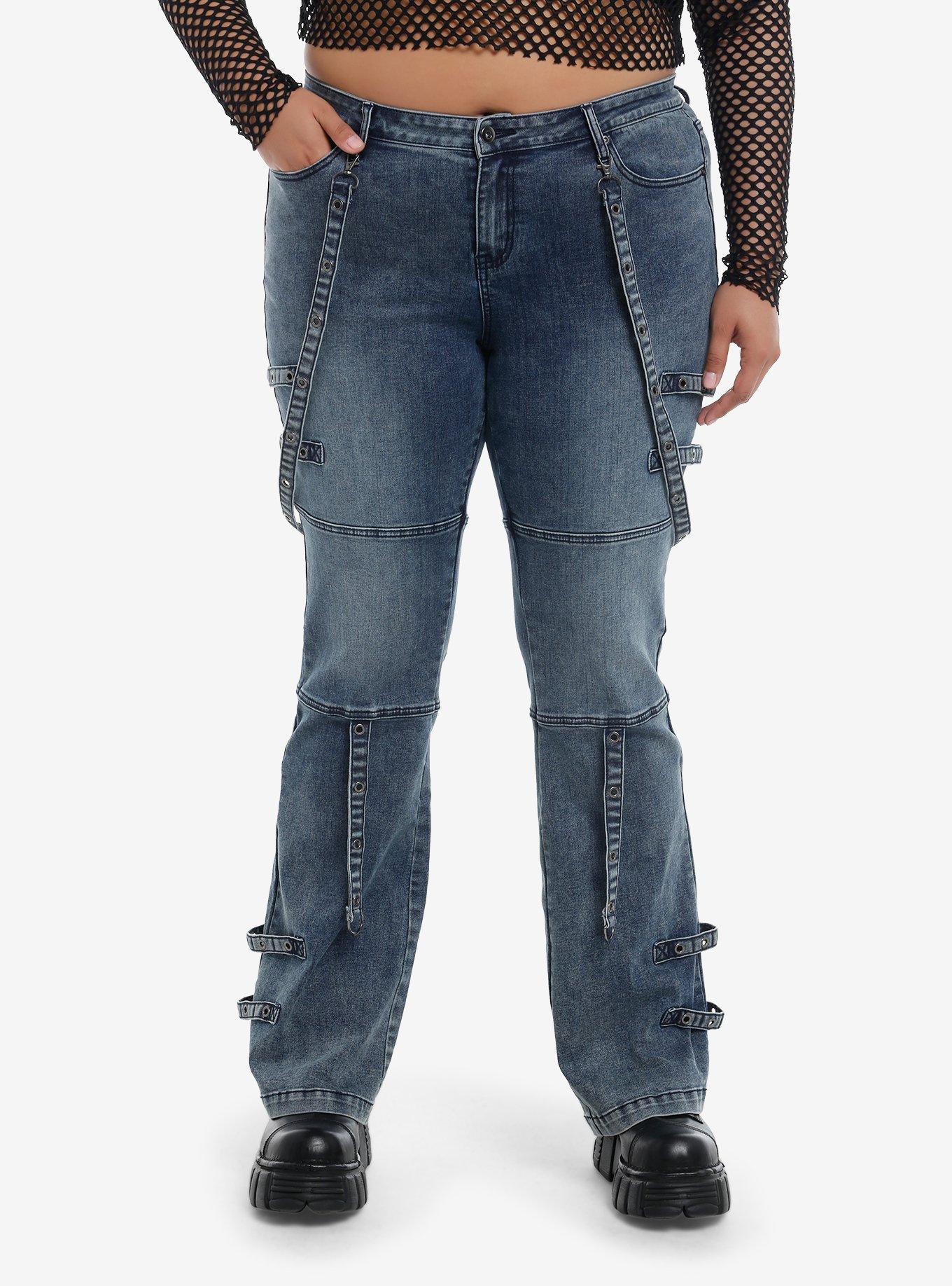 Dark Blue Grommet Tape Low-Rise Girls Bootcut Jeans Plus Size, , hi-res