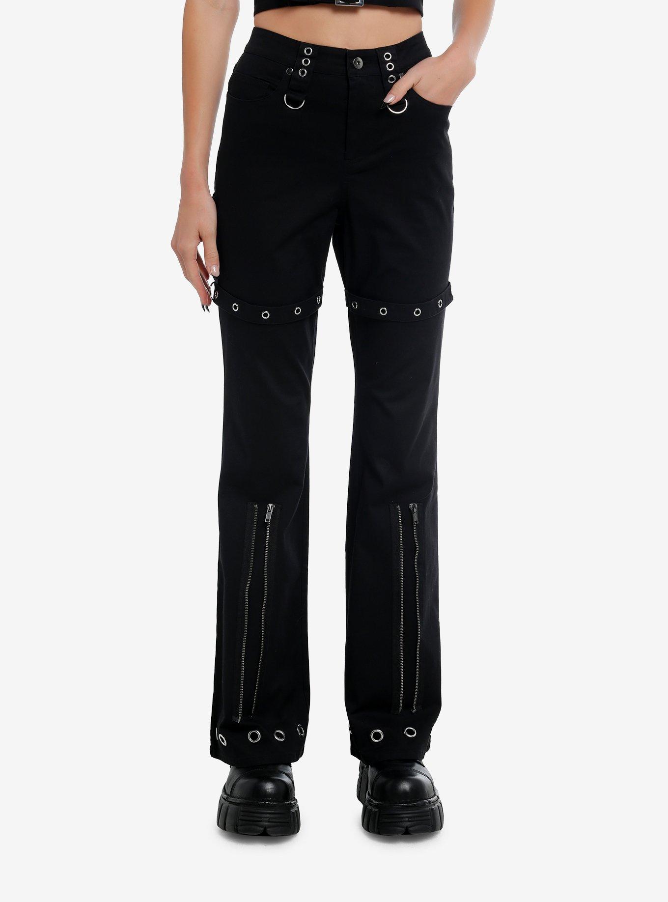 Black Grommet Zipper Flare Pants, , hi-res