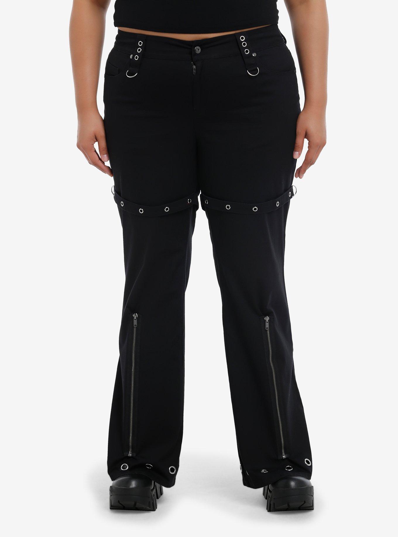 Black Grommet Zipper Flare Pants Plus Size, BLACK, hi-res