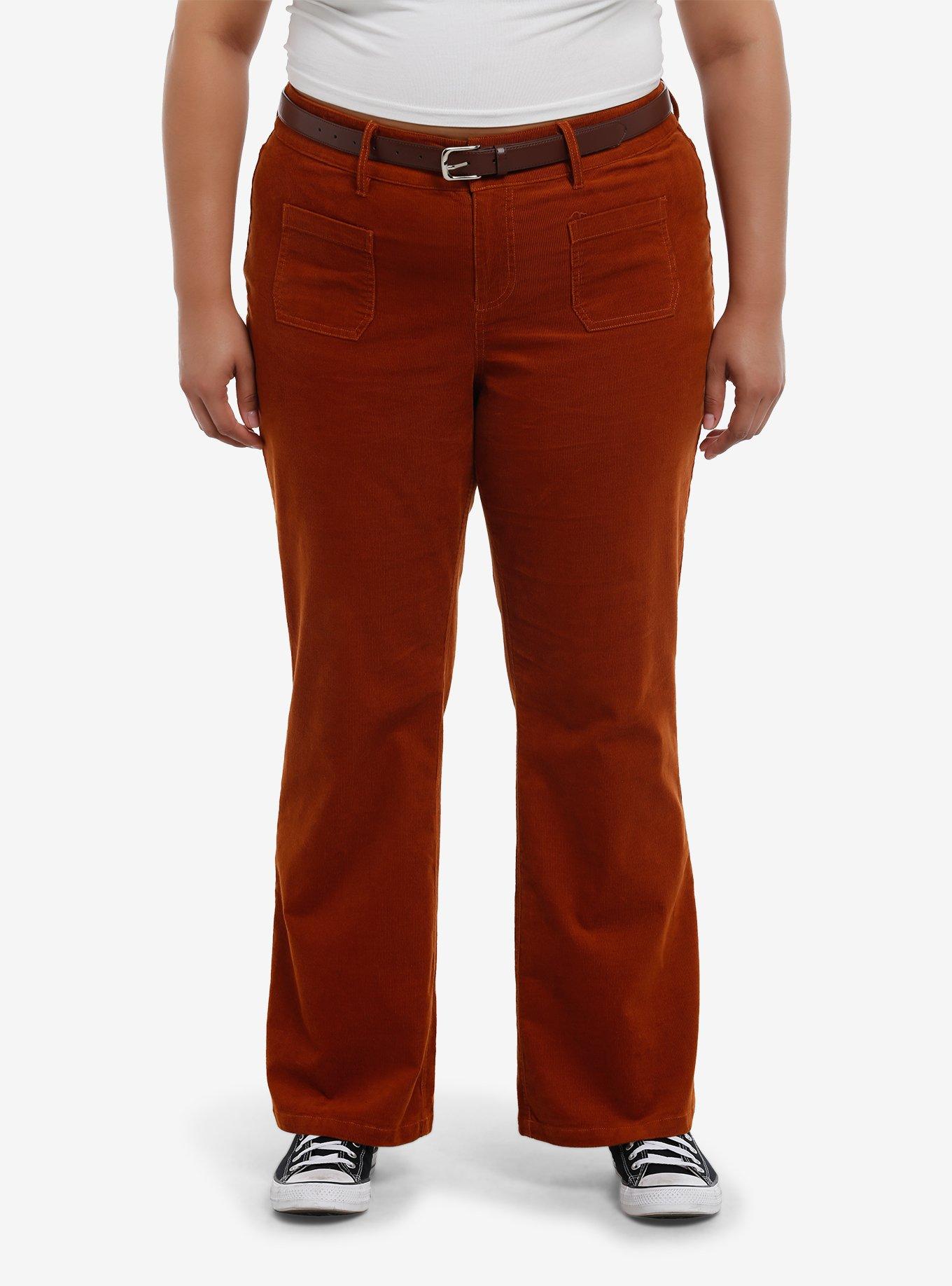 Burnt Orange Belted Corduroy Pants Plus Size, BROWN, hi-res