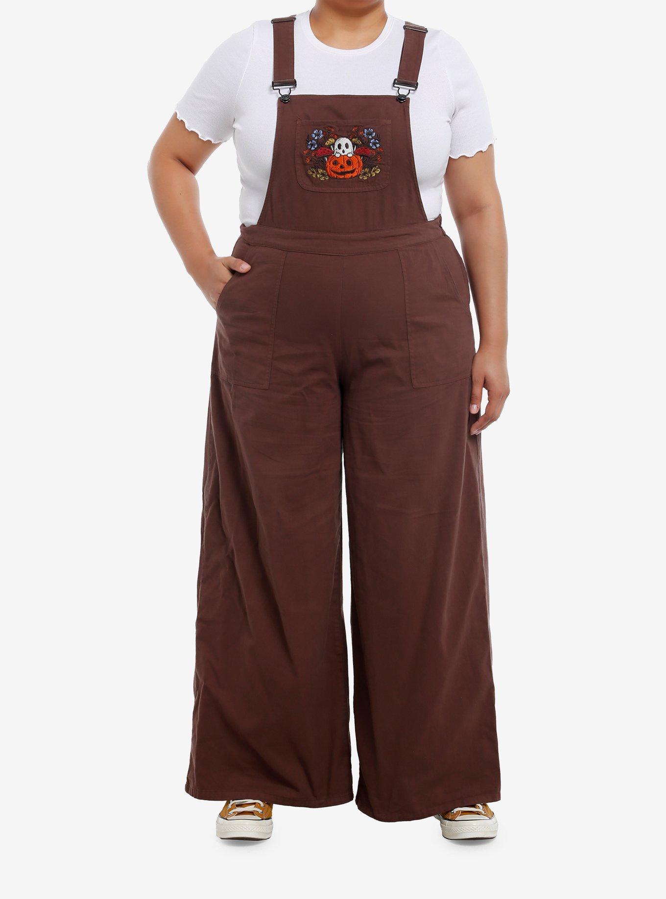Thorn & Fable Brown Ghost Patch Overalls Plus Size, BROWN, hi-res