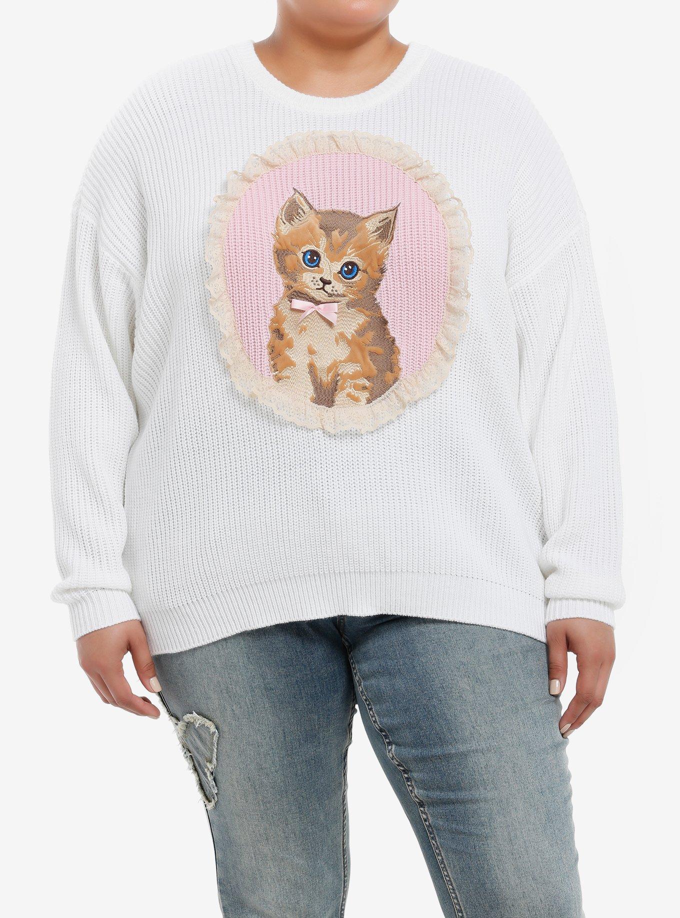 Sweet Society Kitten Portrait Knit Girls Oversized Sweater Plus Size, PINK, hi-res