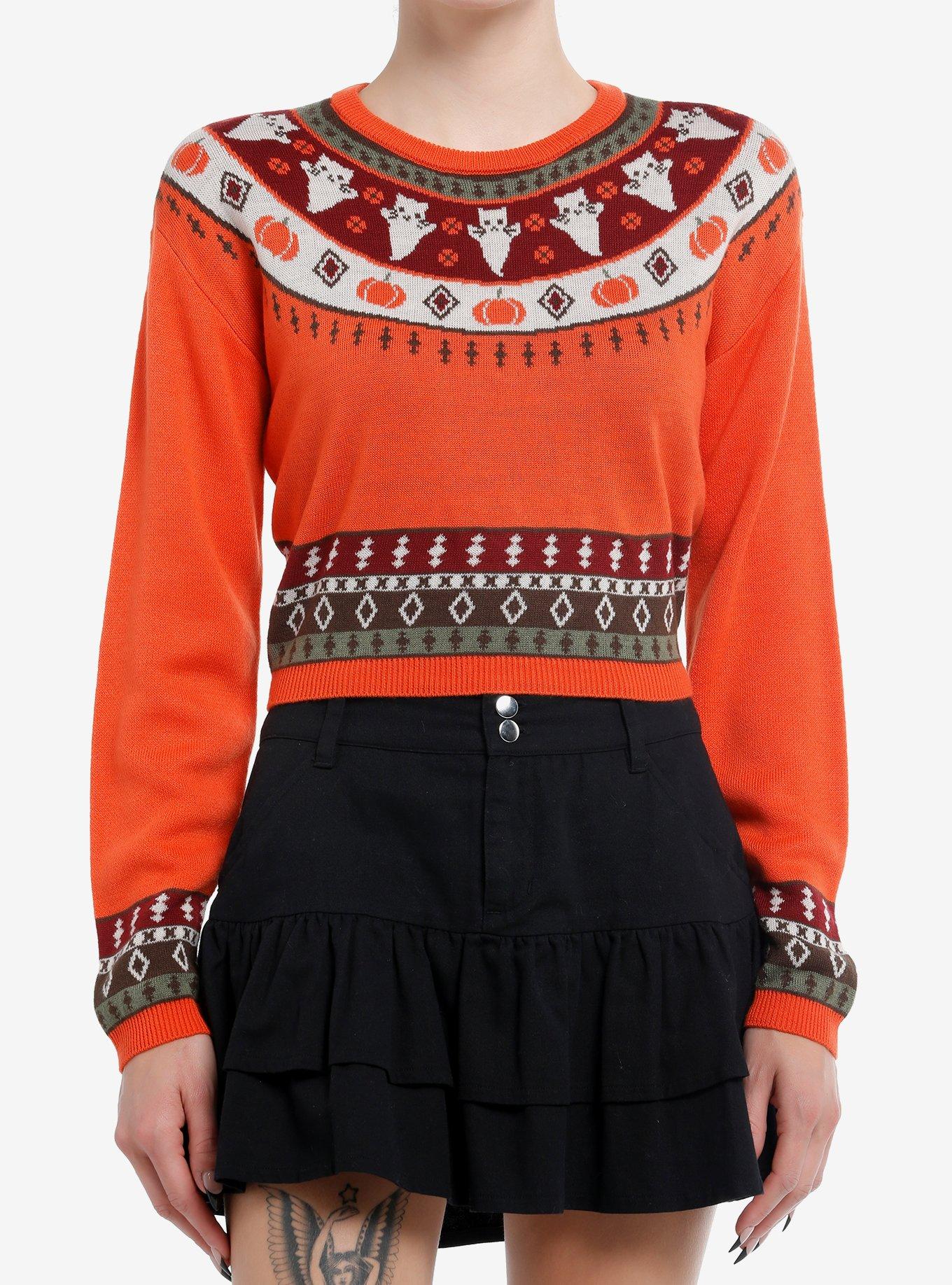 Thorn & Fable Cat Ghosts & Pumpkins Girls Crop Sweater, , hi-res