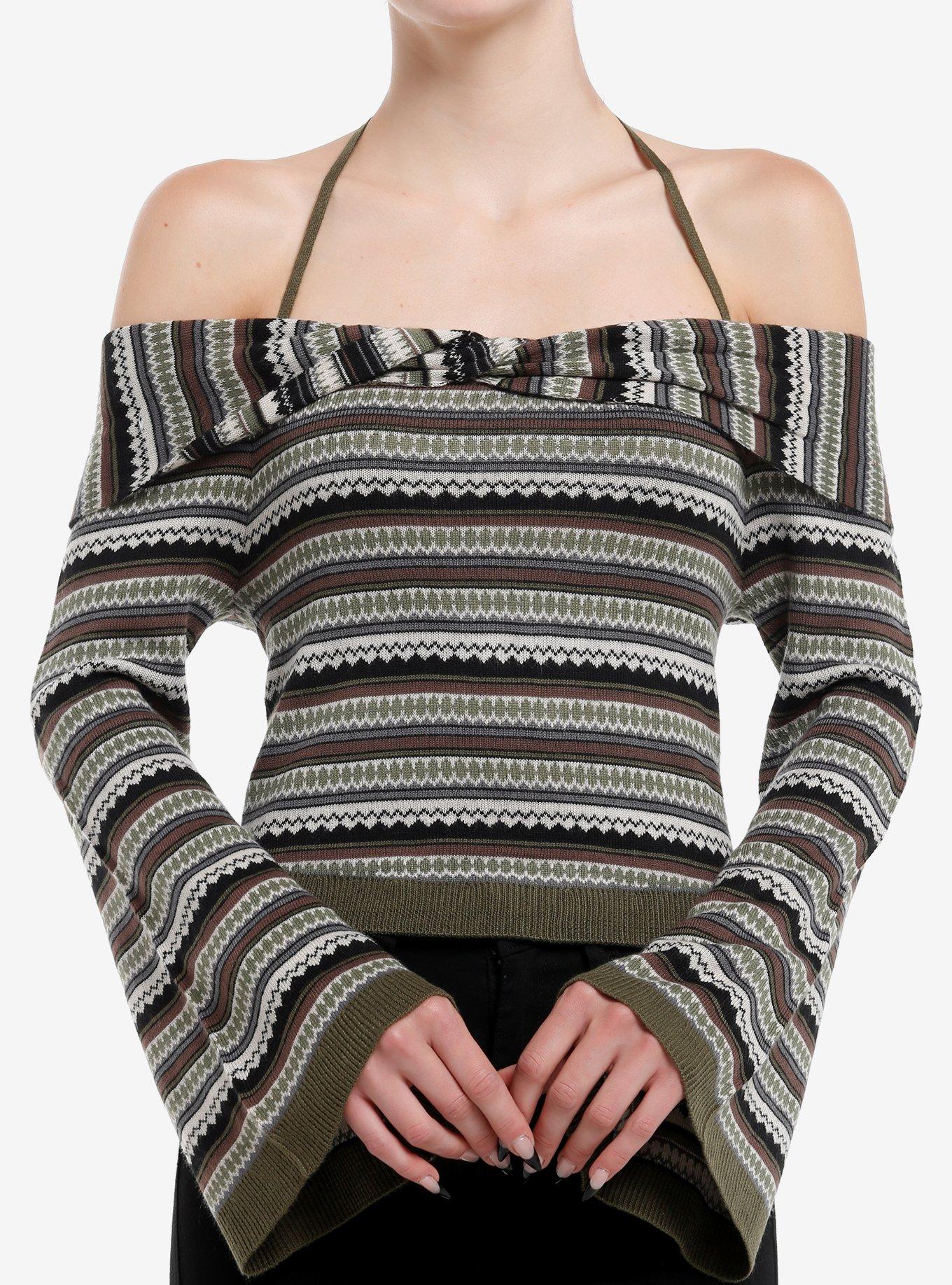 Thorn & Fable Green & Brown Stripe Girls Halter Long-Sleeve Top, BROWN, hi-res