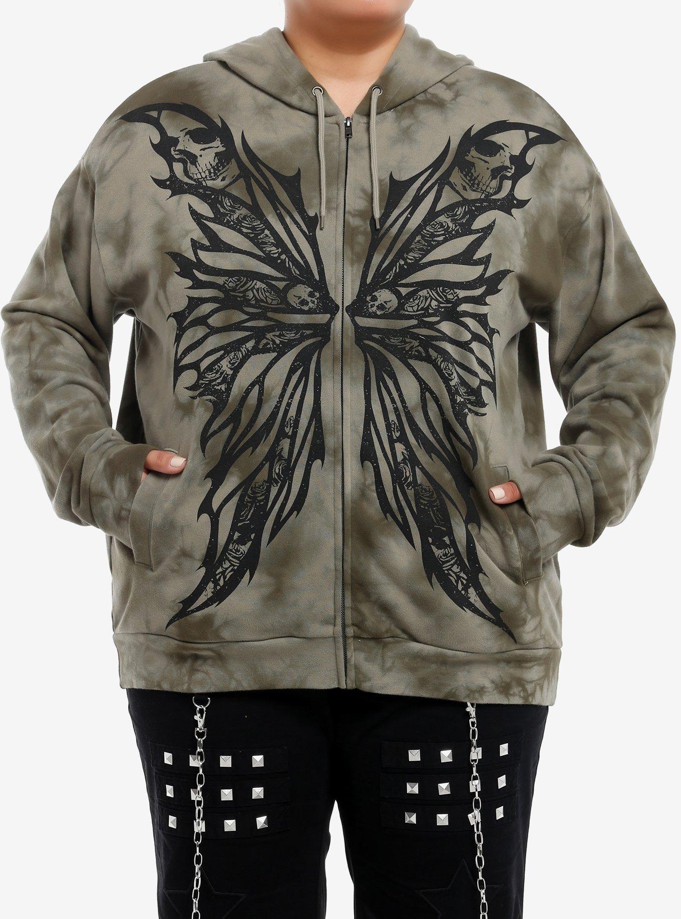Thorn & Fable Skeleton Fairy Wings Tie-Dye Girls Zip-Up Hoodie Plus Size, BLACK, hi-res
