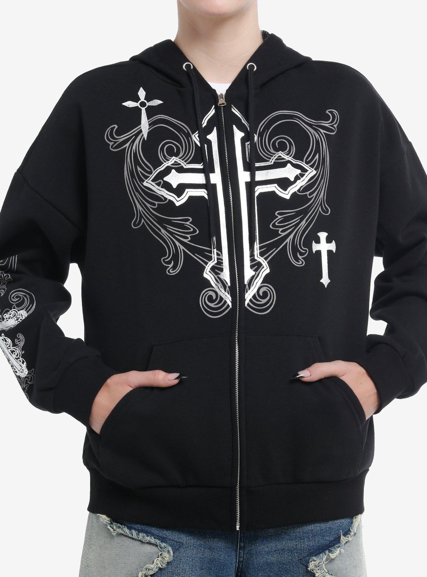 Social Collision Silver Foil Crosses Girls Hoodie, , hi-res