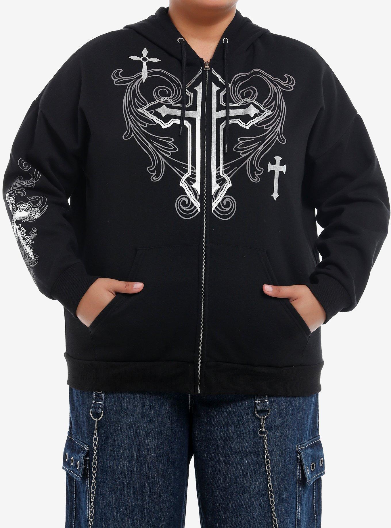 Social Collision Silver Foil Crosses Girls Hoodie Plus Size, SILVER, hi-res