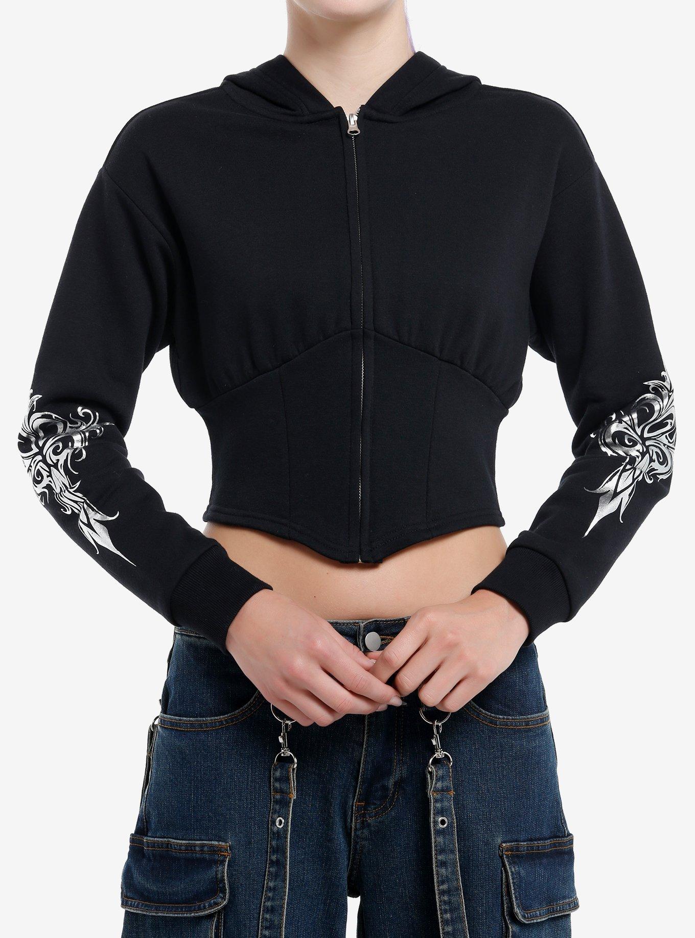 Social Collision Silver Cross Corset Girls Crop Hoodie, , hi-res